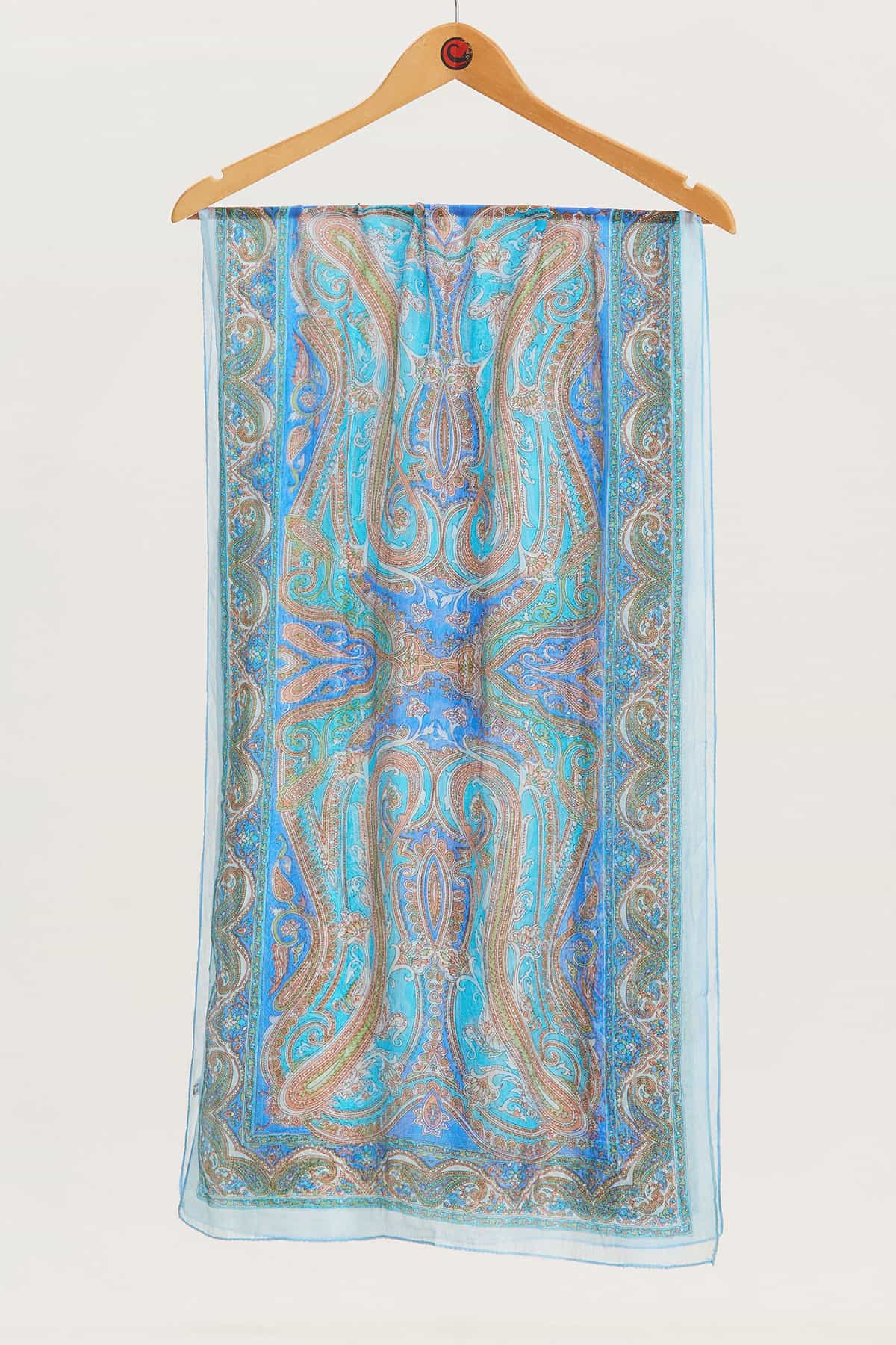 Etnik Desenli Hint İpeği Şal Açık Mavi