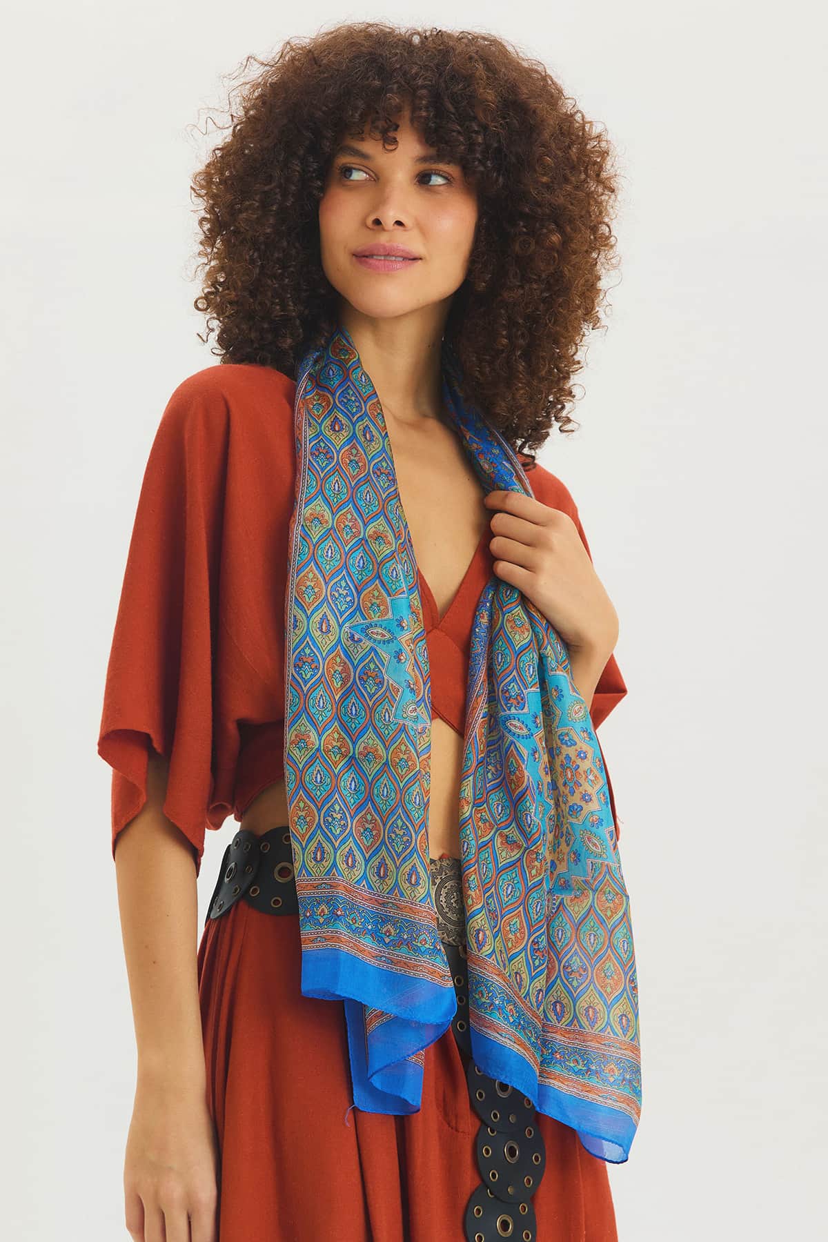 Etnik Desenli Hint İpeği Şal Turuncu - Mavi