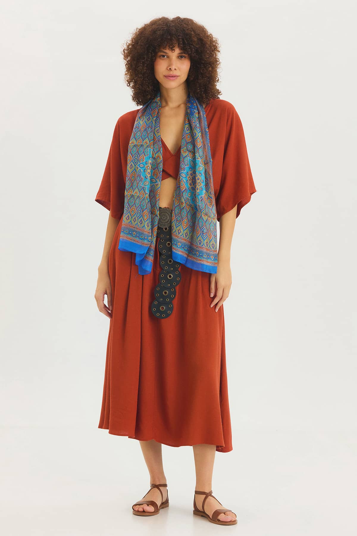 Etnik Desenli Hint İpeği Şal Turuncu - Mavi