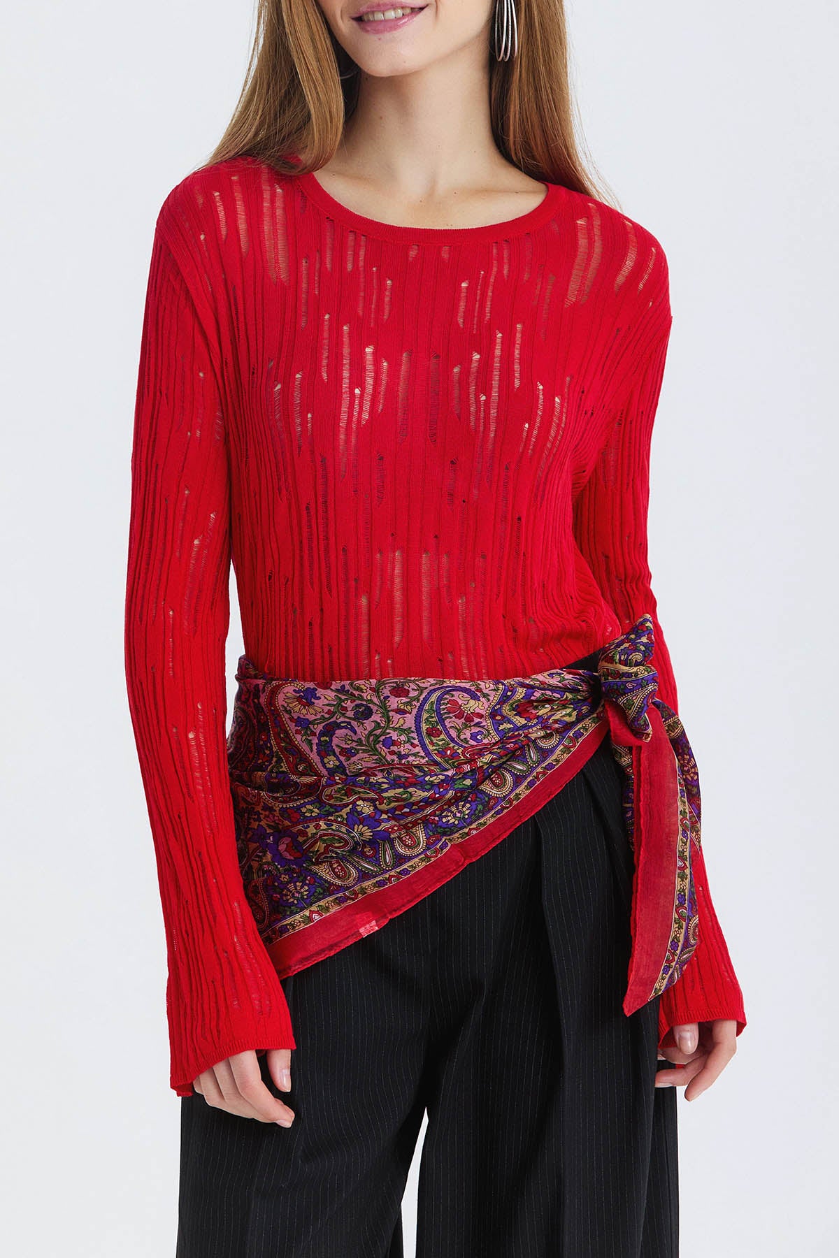 Etnik Desenli Hint İpeği Şal Kırmızı - Mor