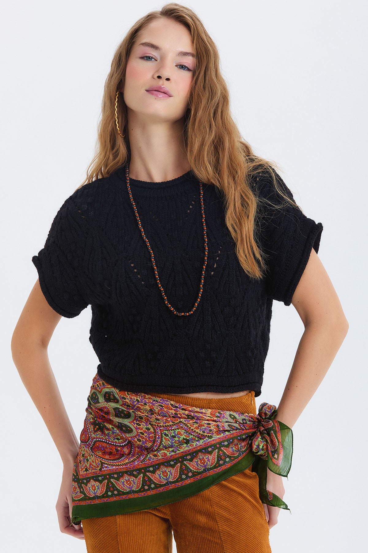 Etnik Desenli Hint İpeği Şal Yeşil - Turuncu