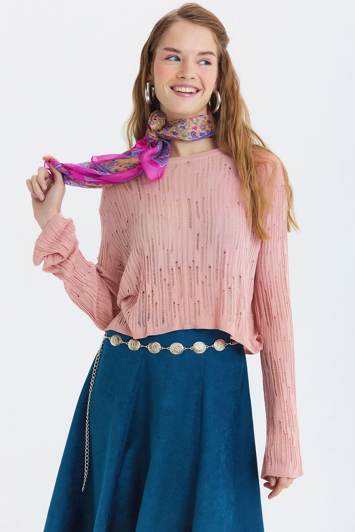 Etnik Desenli Hint İpeği Şal Pembe - Mor