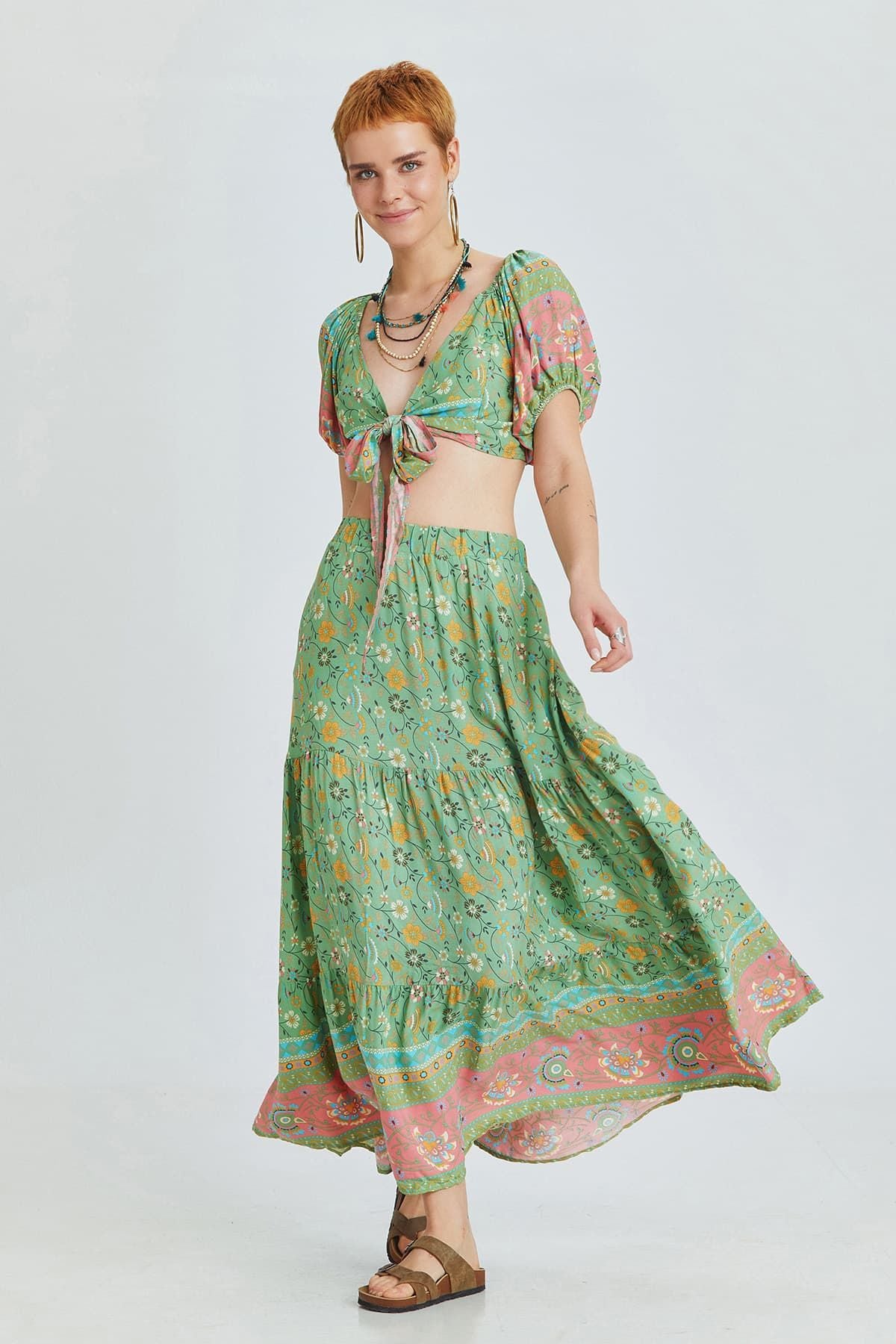 Önden Bağlamalı Crop Bluz Yeşil