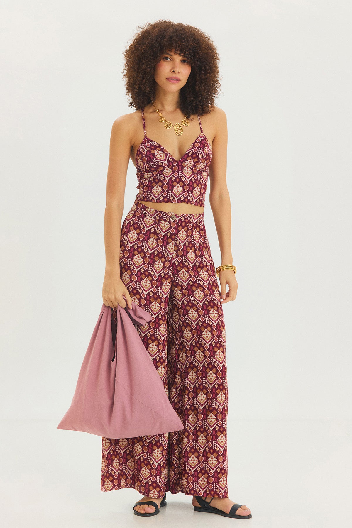 Desenli V Yaka Askılı Crop Top Mor