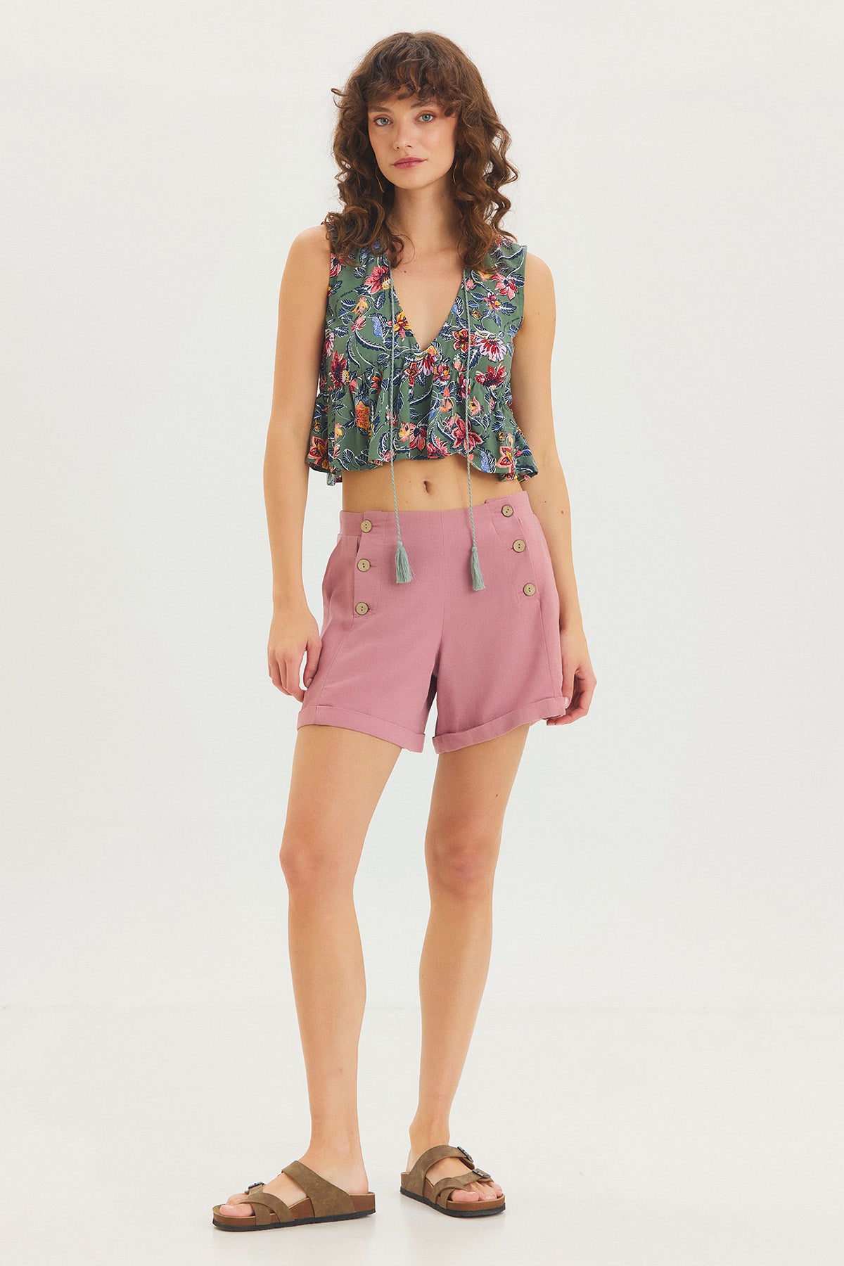 V Yaka Çiçek Desenli Crop Bluz Gri