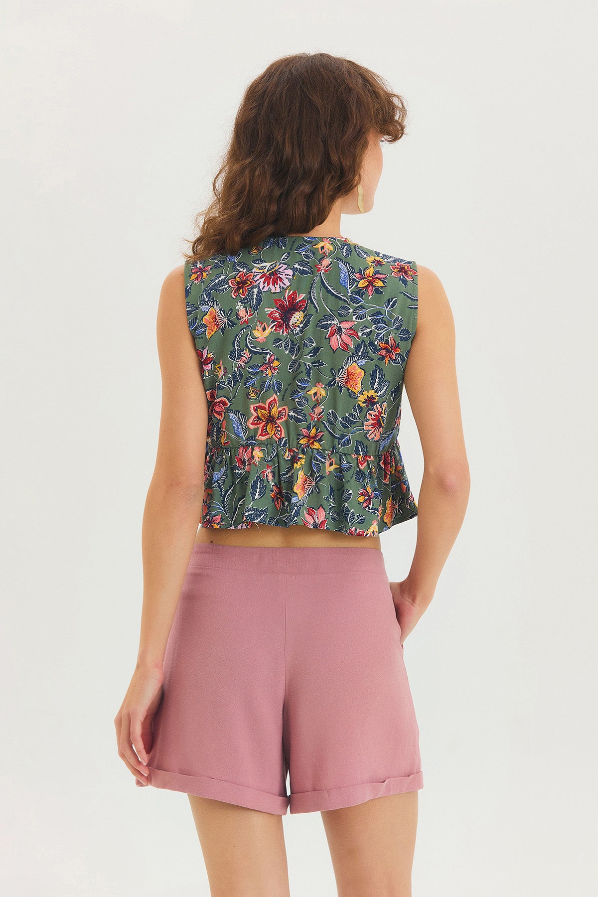 V Yaka Çiçek Desenli Crop Bluz Gri
