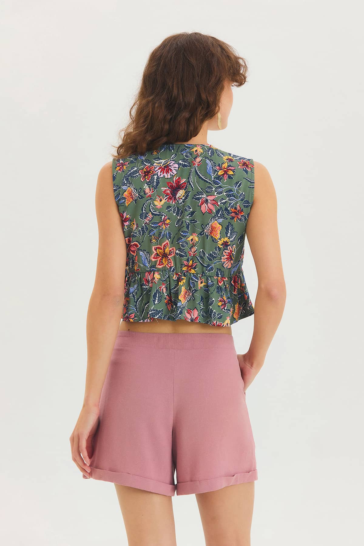 V Yaka Çiçek Desenli Crop Bluz Gri