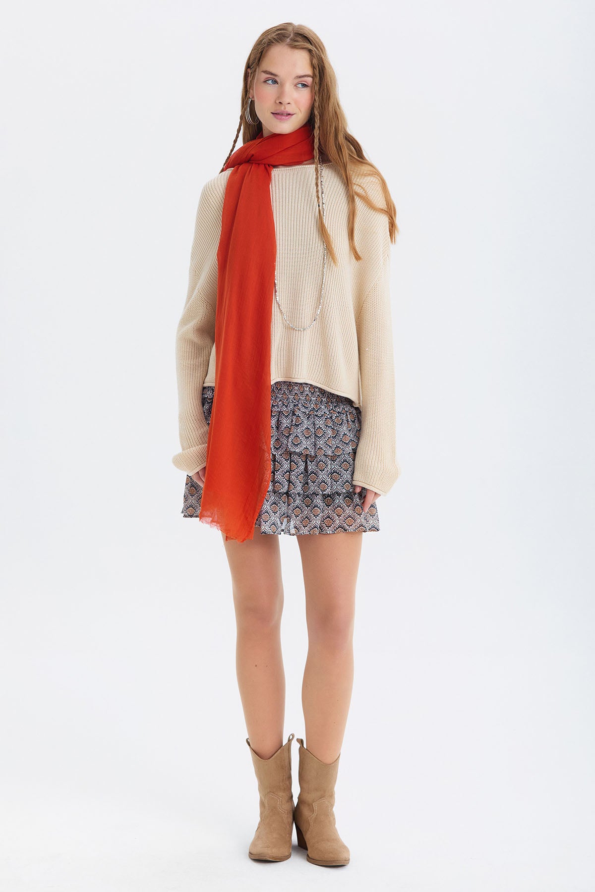 Kayık Yaka Basic Triko Kazak Bej