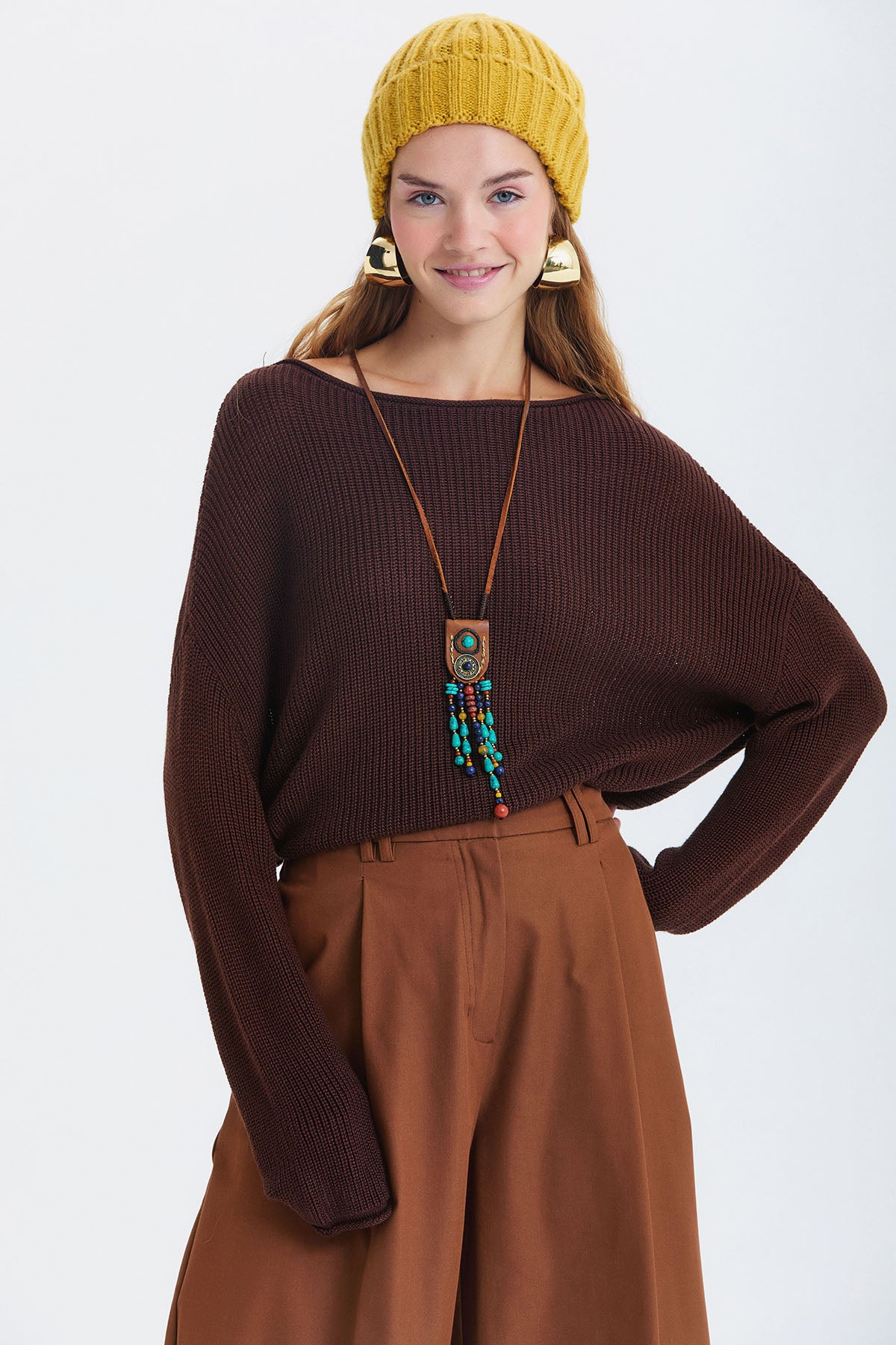 Kayık Yaka Basic Triko Kazak Kahverengi