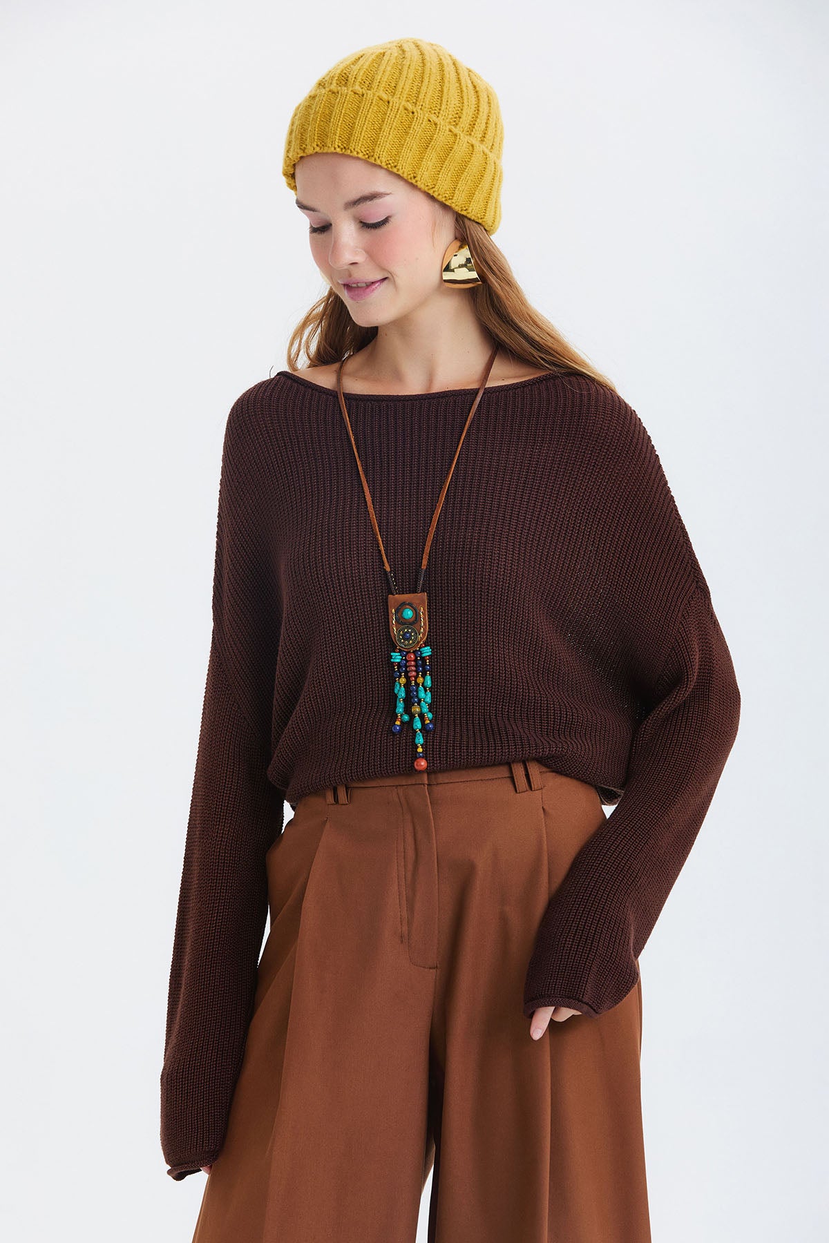 Kayık Yaka Basic Triko Kazak Kahverengi