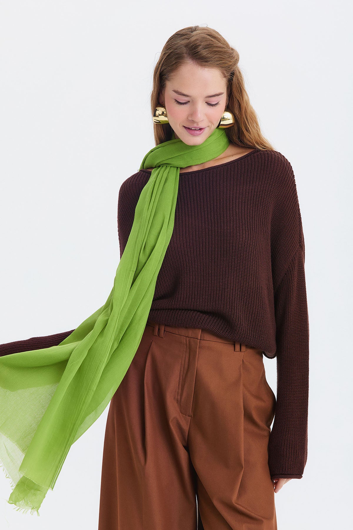 Kayık Yaka Basic Triko Kazak Kahverengi