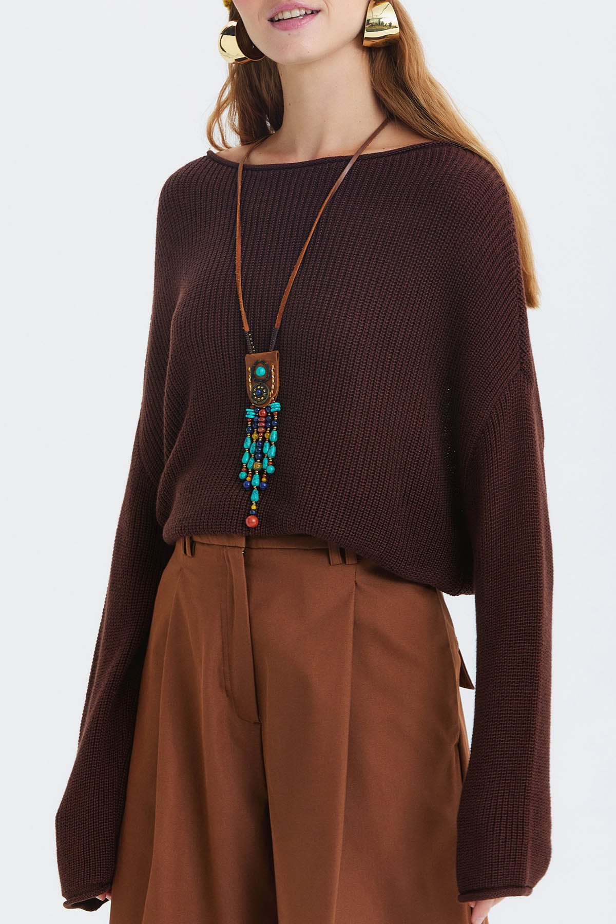 Kayık Yaka Basic Triko Kazak Kahverengi