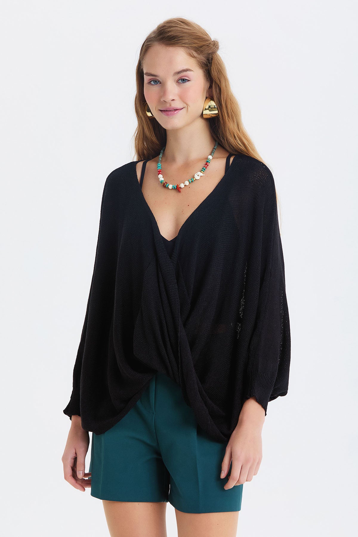 Oversize Bohem Triko Bluz Siyah