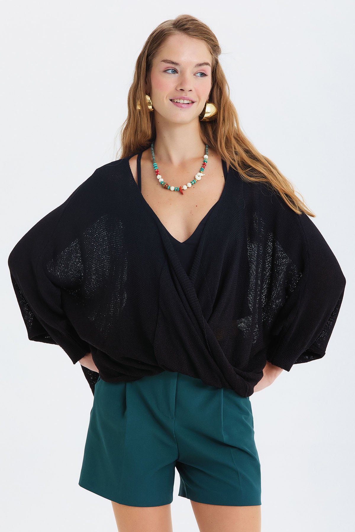 Oversize Bohem Triko Bluz Siyah