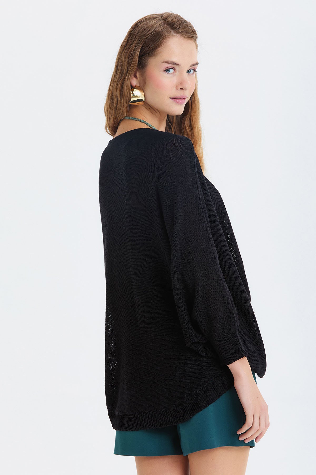 Oversize Bohem Triko Bluz Siyah