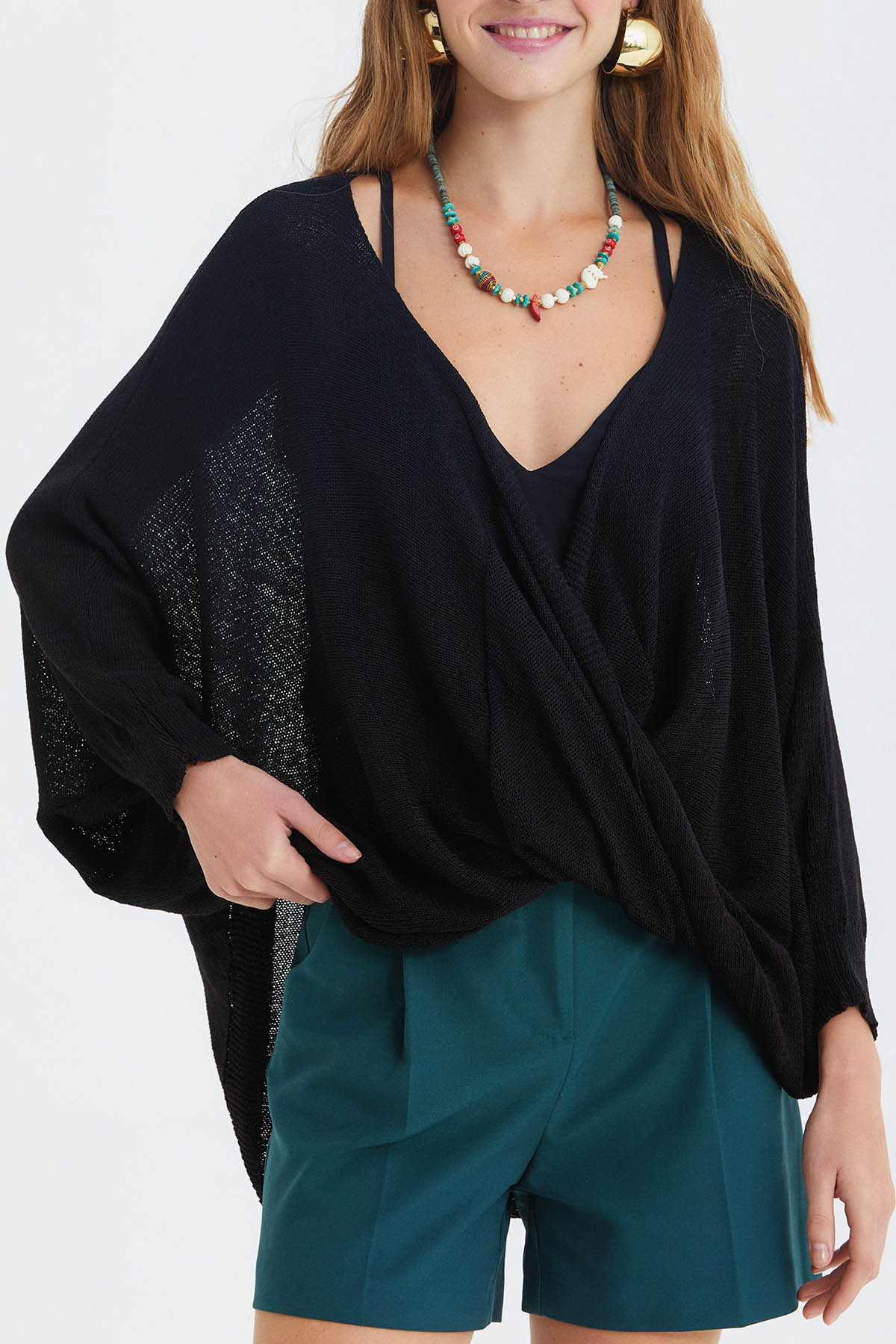 Oversize Bohem Triko Bluz Siyah