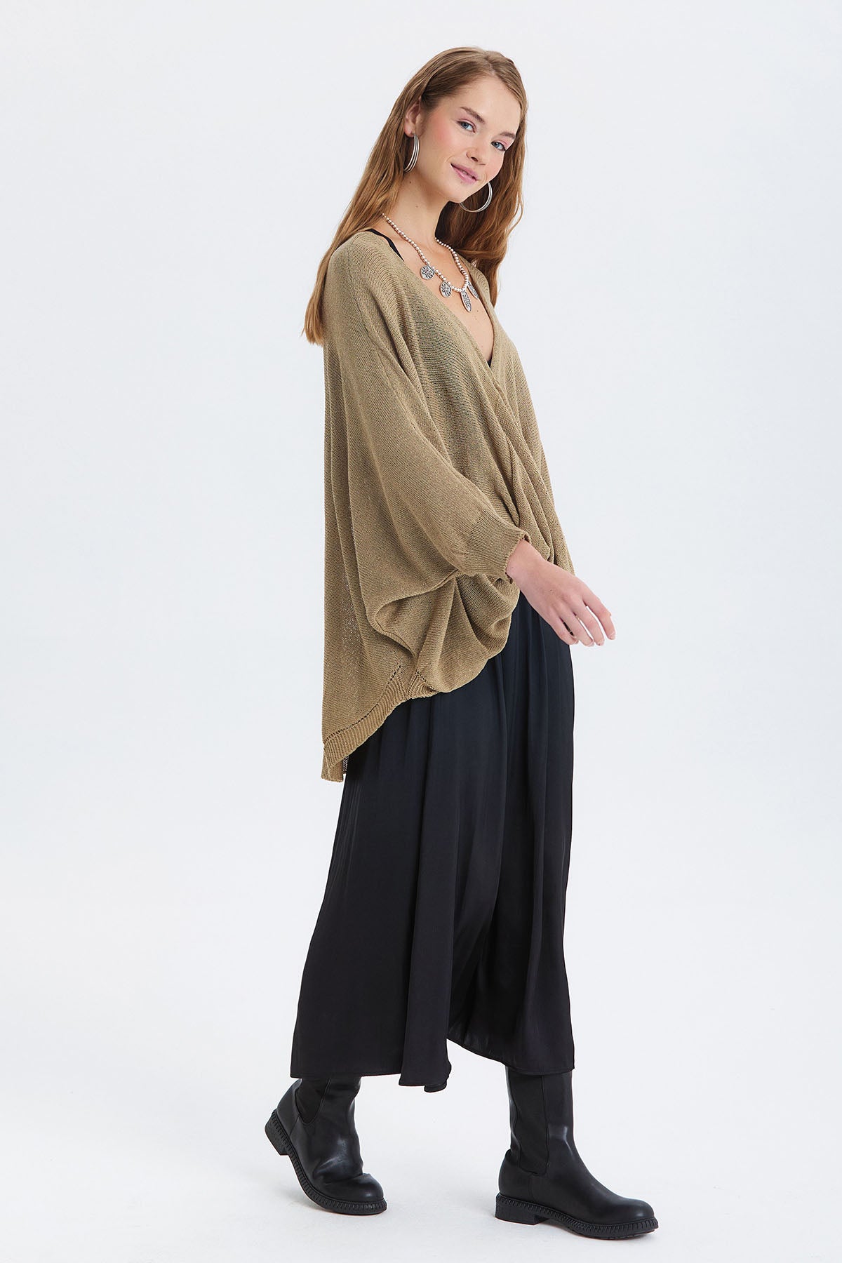 Oversize Bohem Triko Bluz Taba