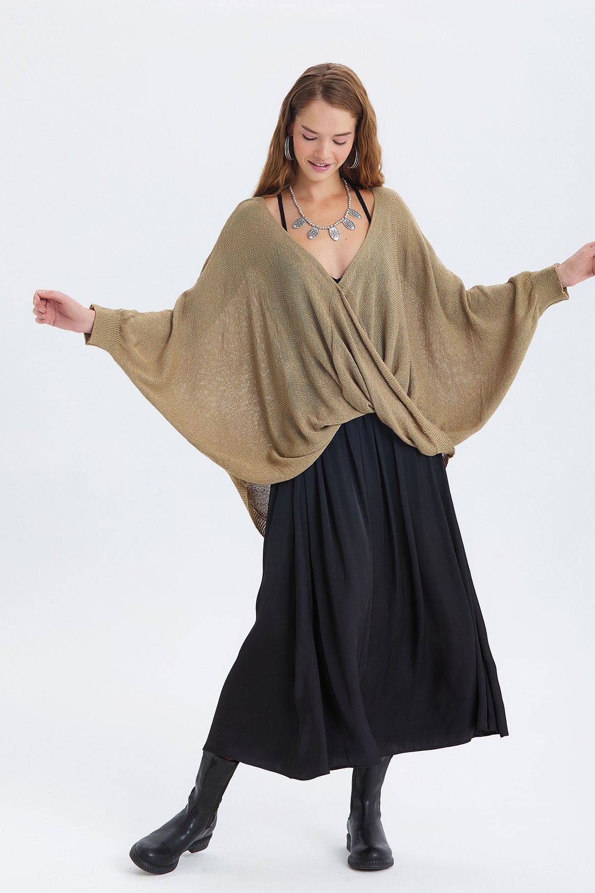 Oversize Bohem Triko Bluz Taba