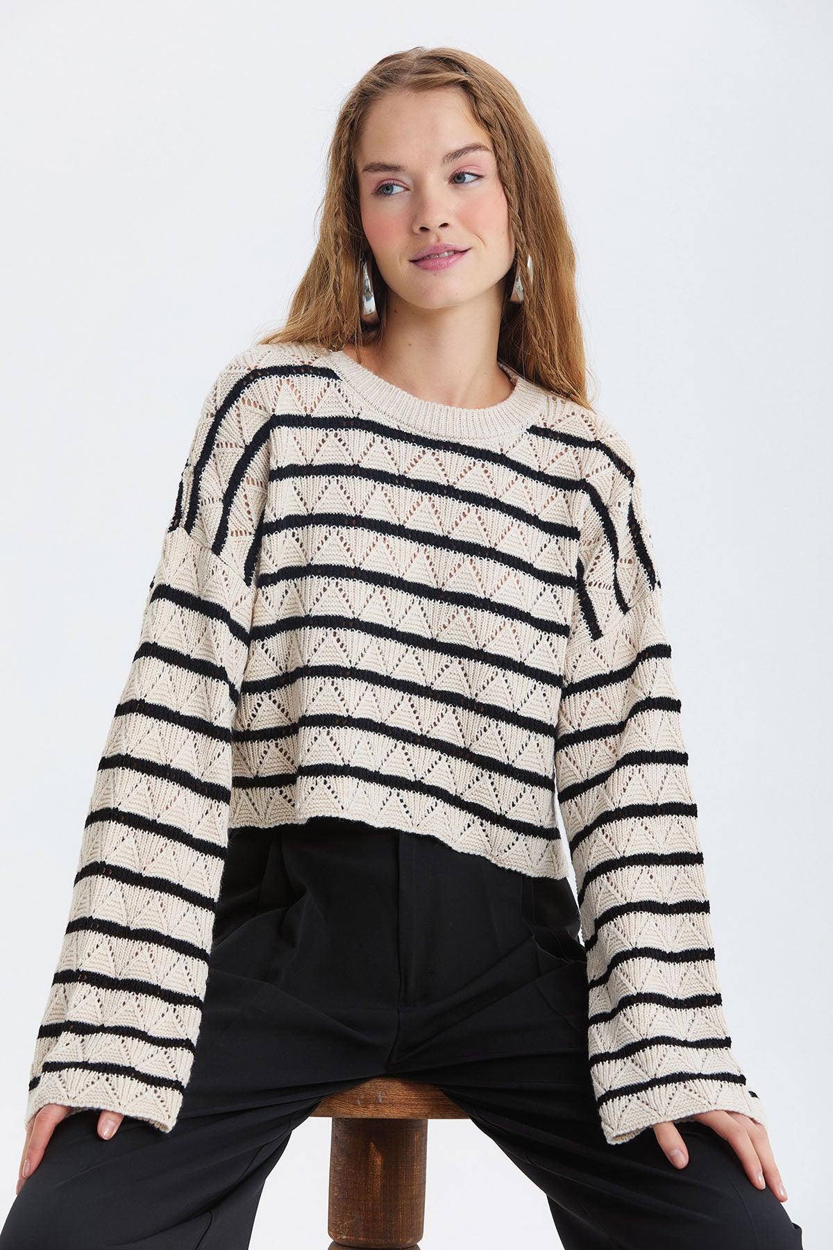 Çizgili Crop Triko Kazak Siyah - Bej