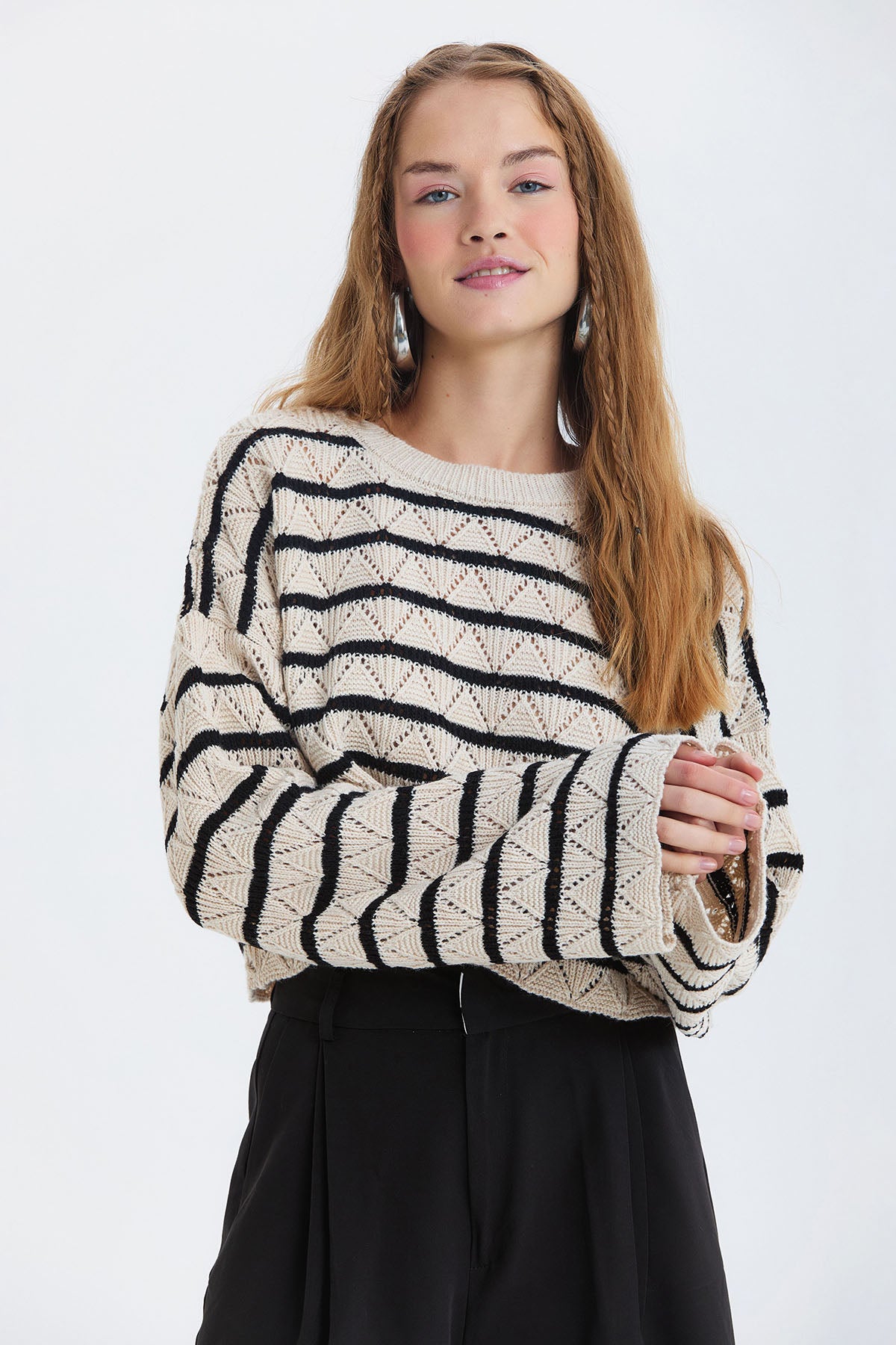 Çizgili Crop Triko Kazak Siyah - Bej