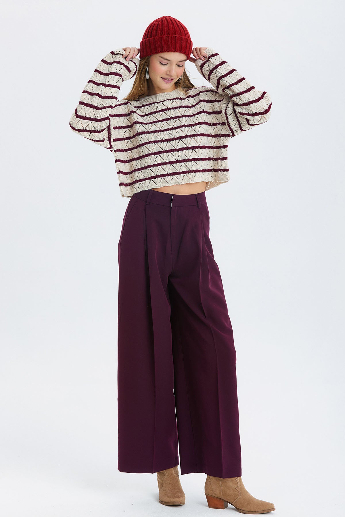 Çizgili Crop Triko Kazak Bordo - Bej