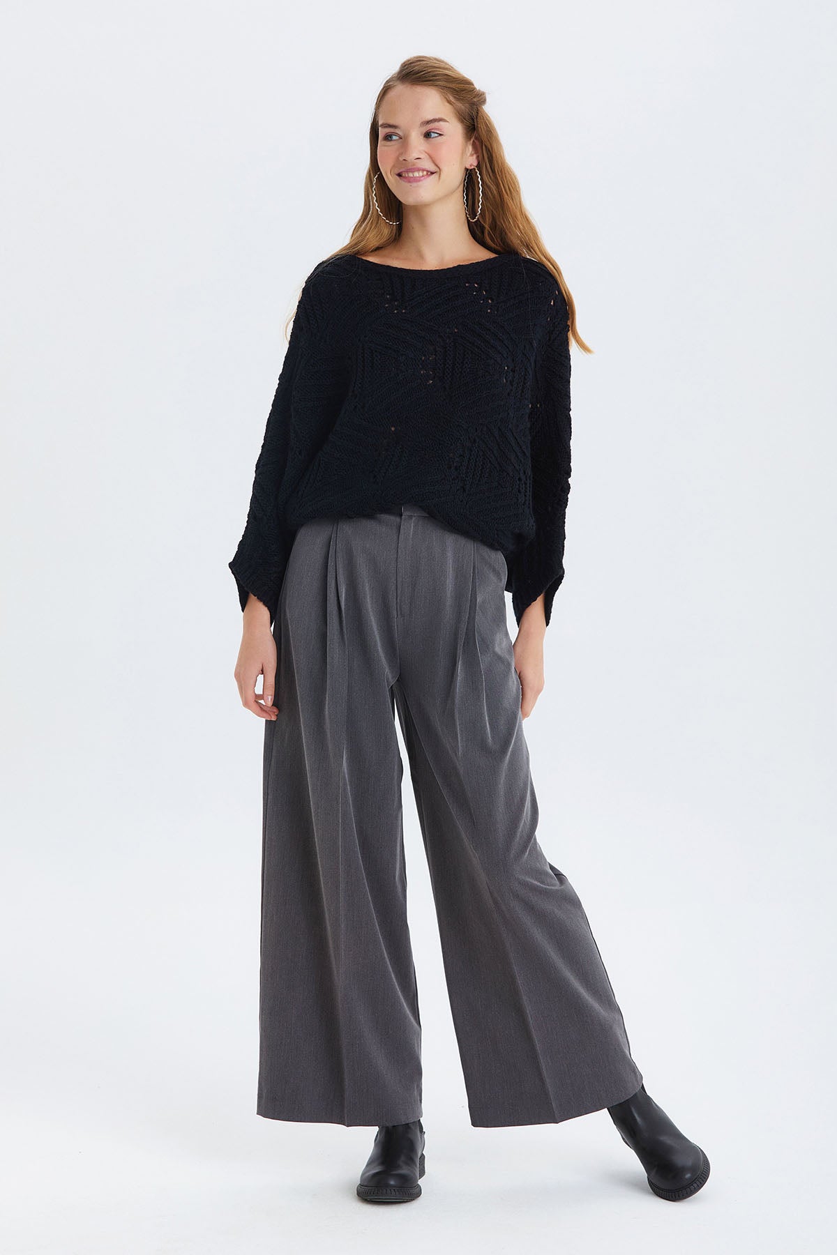 Oversize Örme Desenli Triko Kazak Siyah