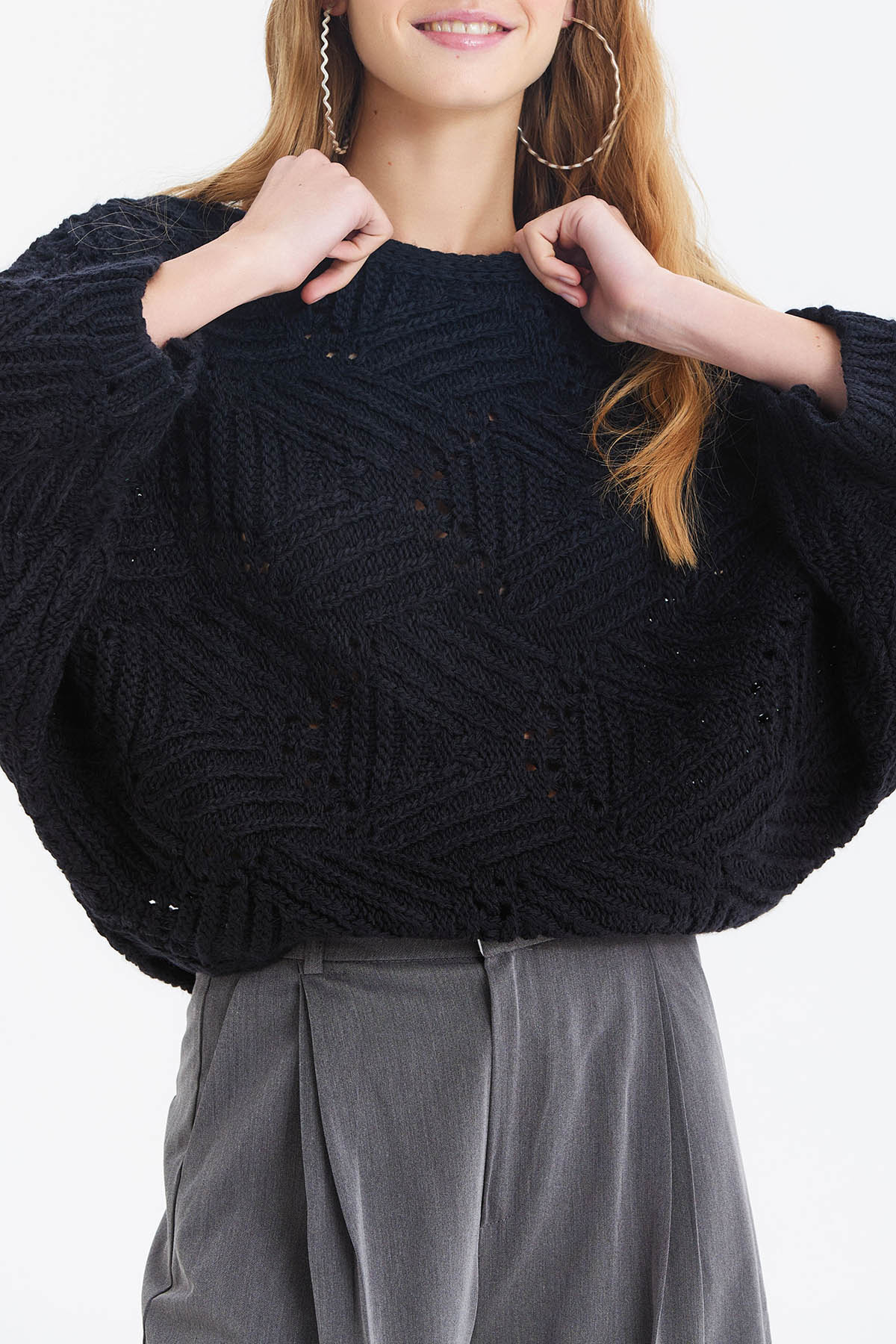 Oversize Örme Desenli Triko Kazak Siyah