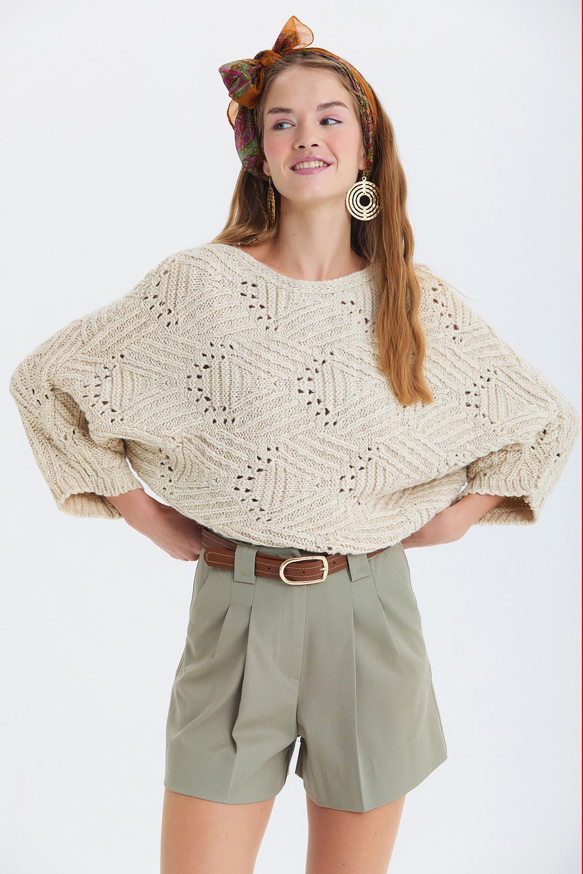 Oversize Örme Desenli Triko Kazak Bej