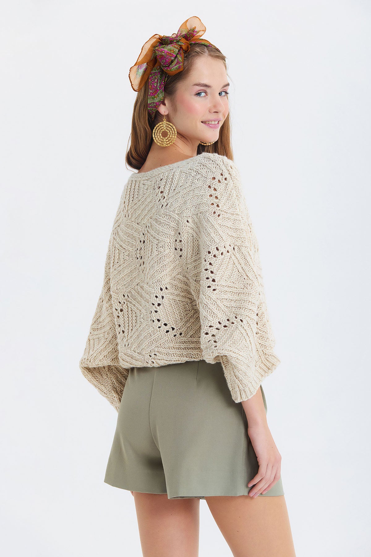 Oversize Örme Desenli Triko Kazak Bej