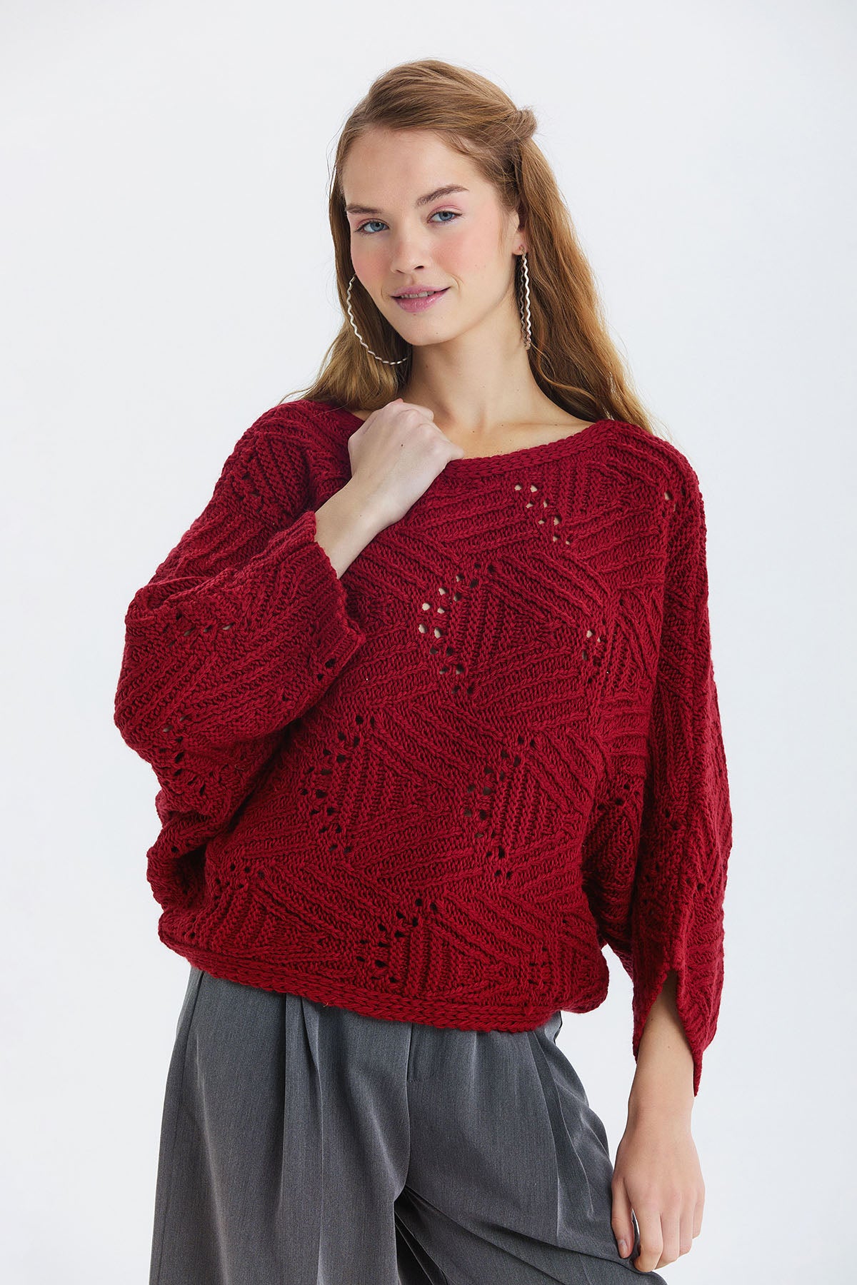 Oversize Örme Desenli Triko Kazak Bordo