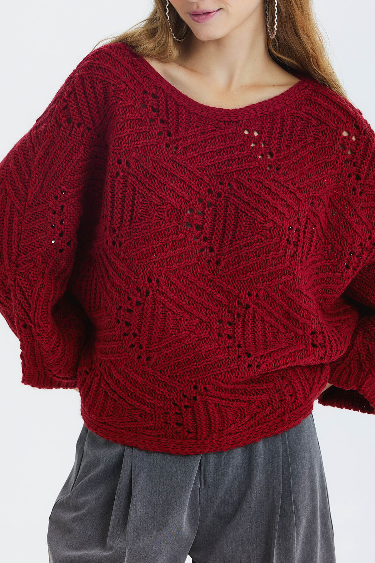 Oversize Örme Desenli Triko Kazak Bordo