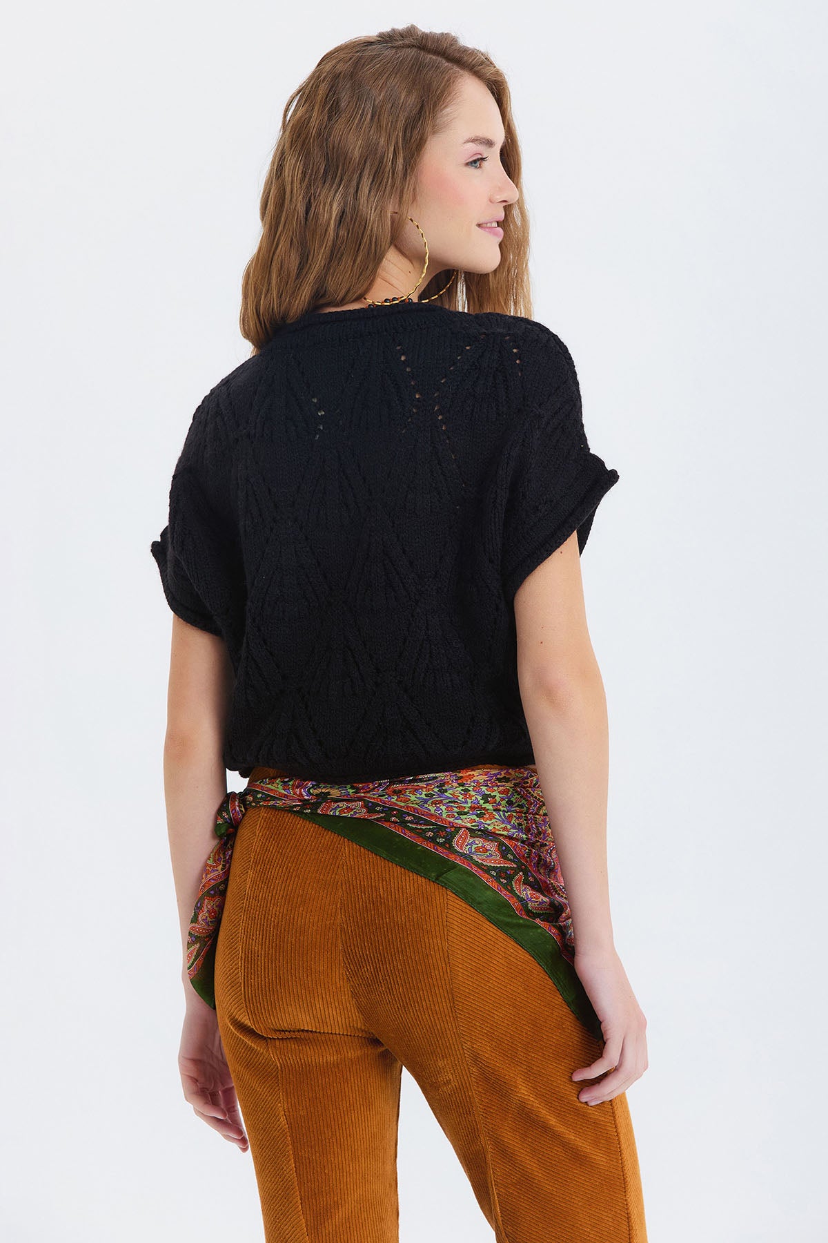 Örgü Desenli Kısa Kollu Kazak Siyah