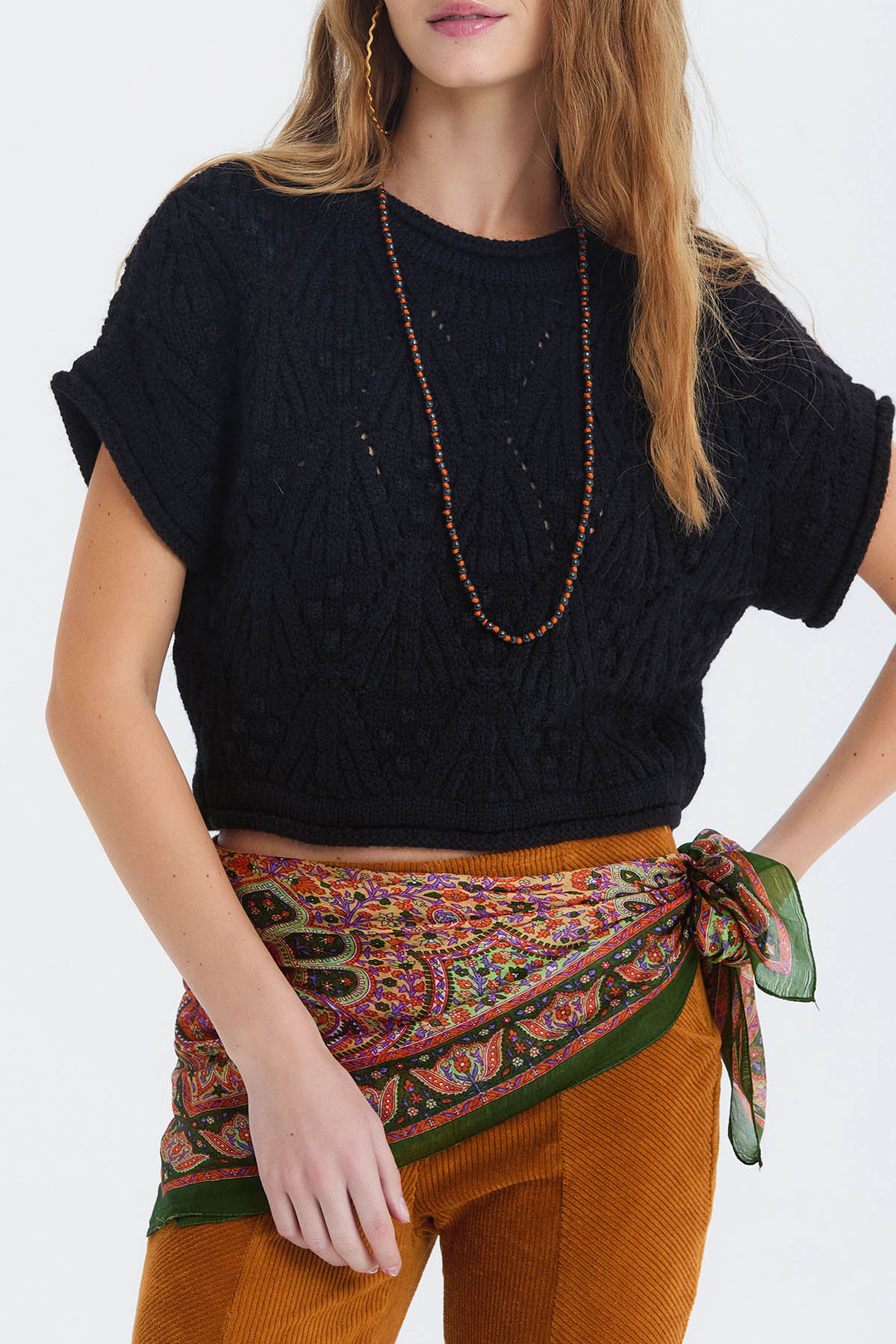 Örgü Desenli Kısa Kollu Kazak Siyah