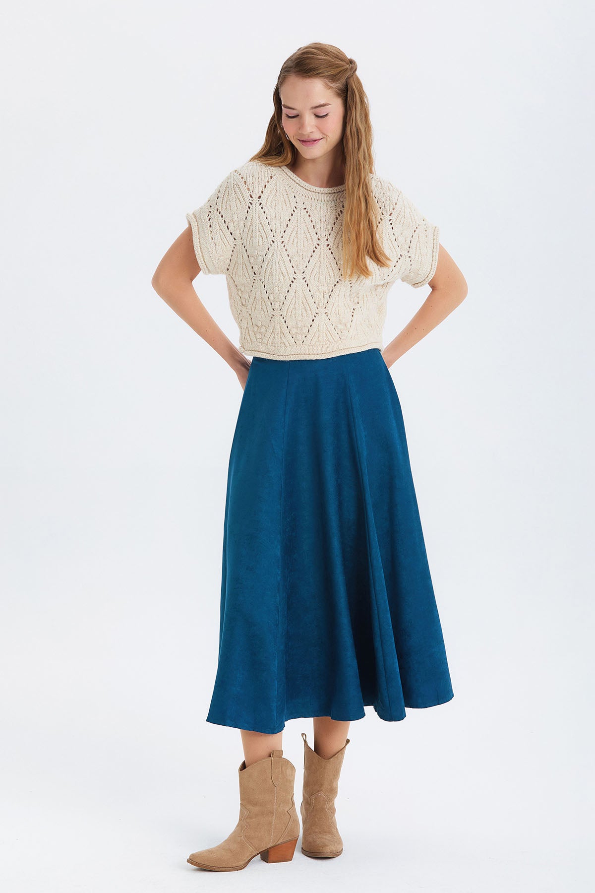 Örgü Desenli Kısa Kollu Kazak Bej