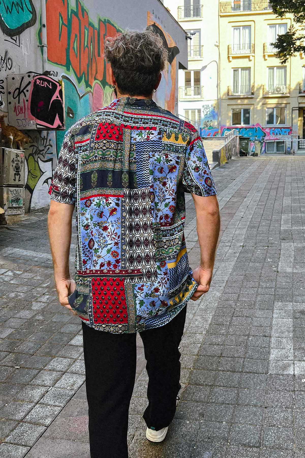 Bohem Tarz Kısa Kollu Desenli Gömlek Mavi