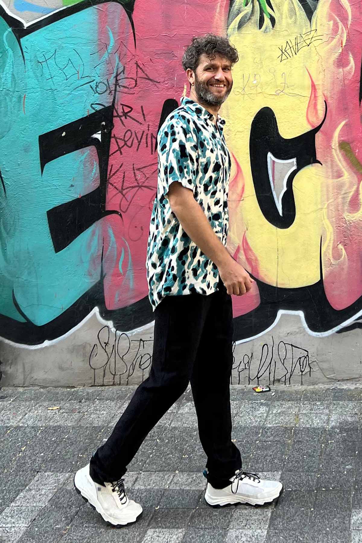 Bohem Tarz Kısa Kollu Desenli Gömlek Petrol - Bej - Siyah