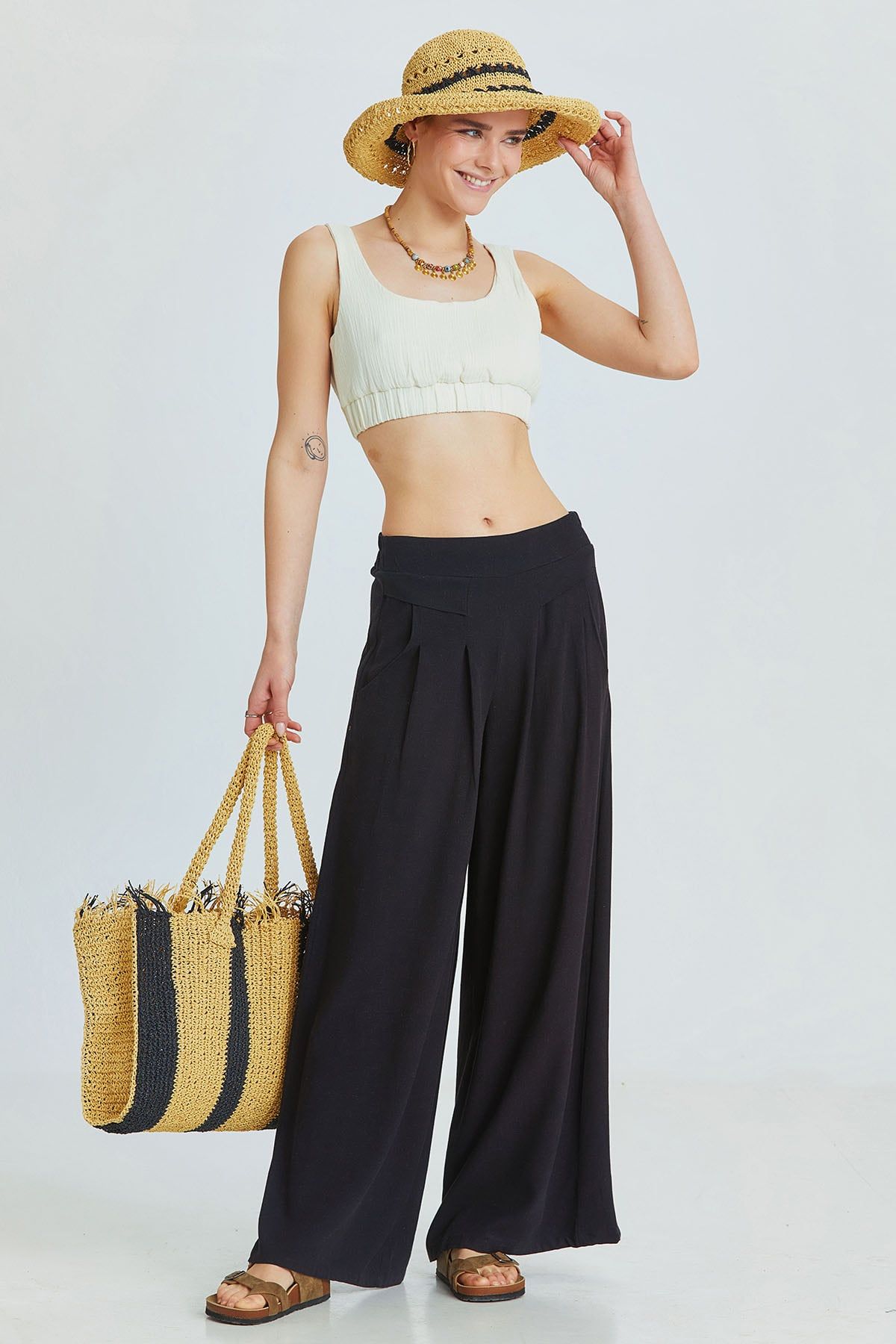 Kontrast Şeritli Hasır Şapka Mix