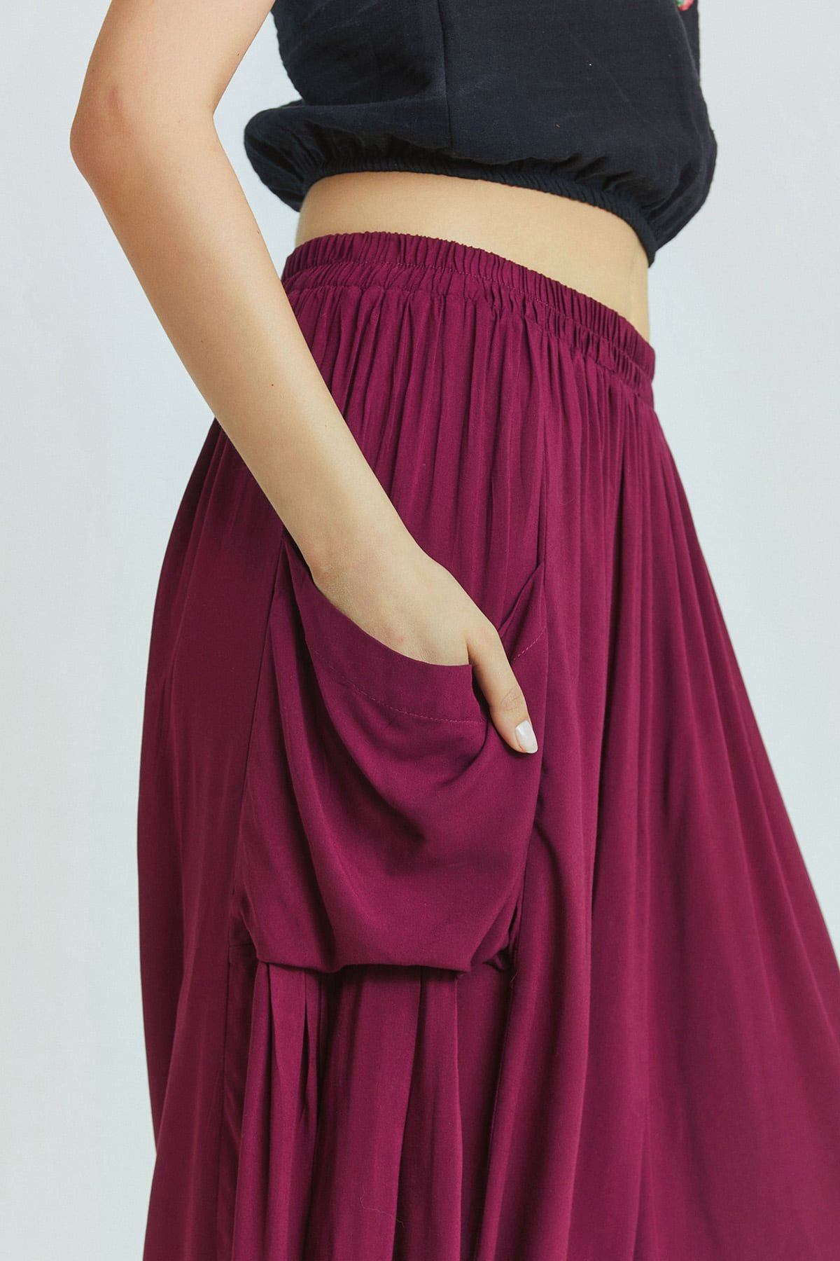 Beli Lastikli Şalvar Pantolon Mor