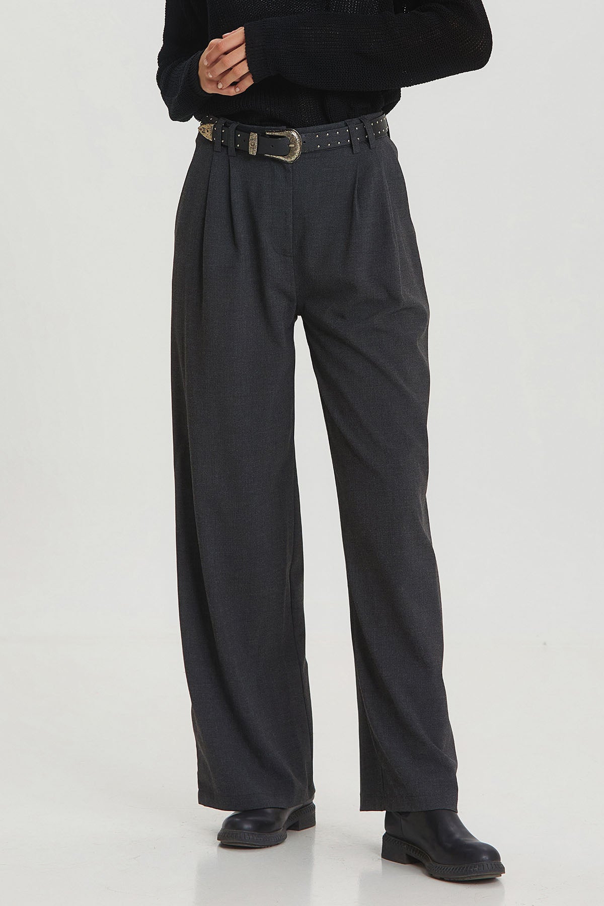 Pilili Loose Fit Şık Kumaş Pantolon Koyu Gri