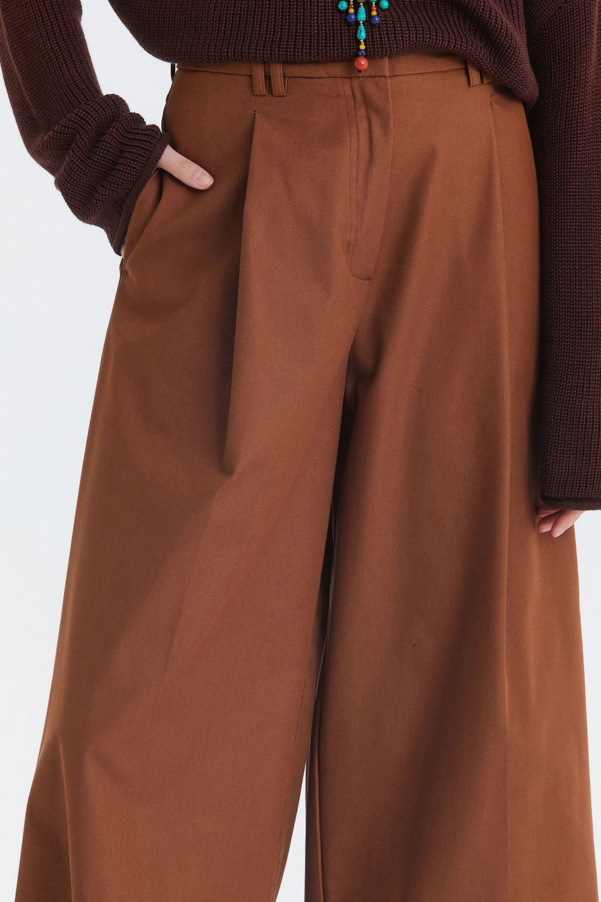 Pilili Loose Fit Kumaş Pantolon Kahverengi