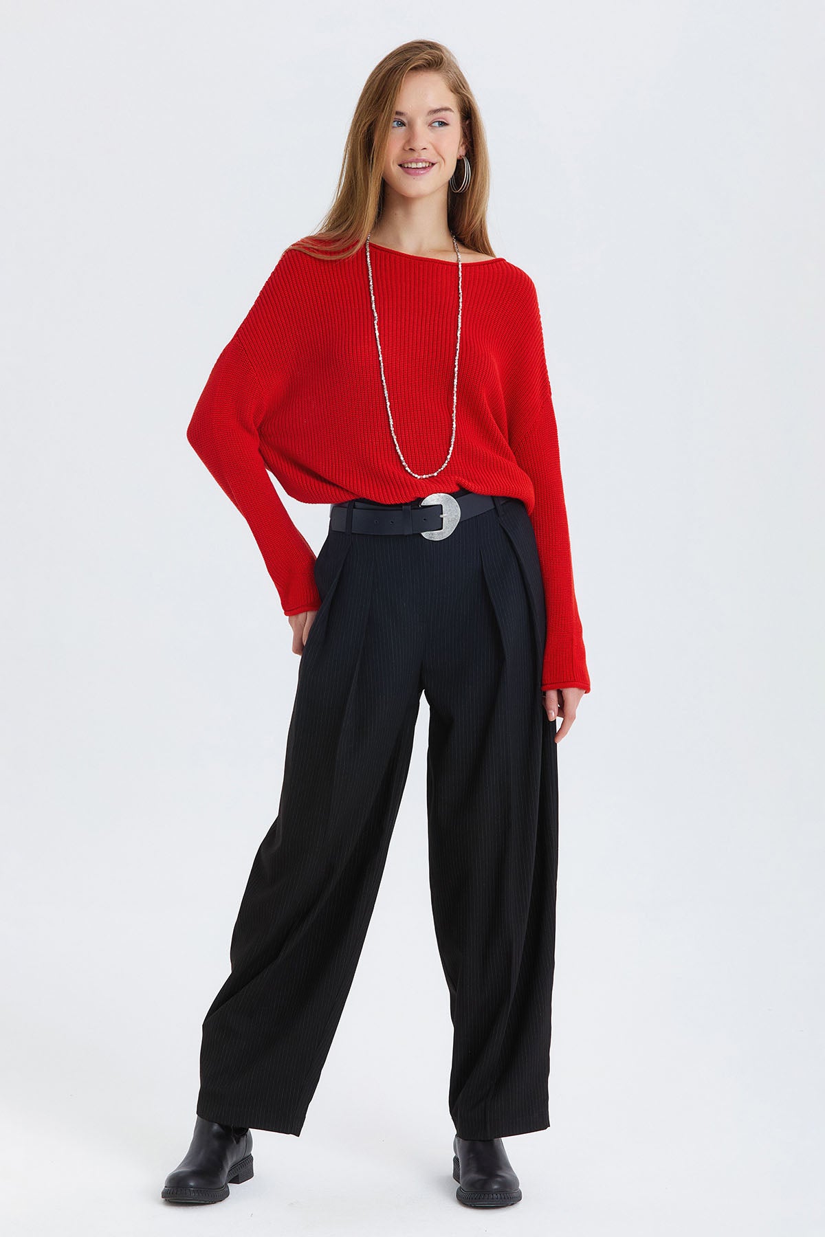 Çizgili Balon Form Kumaş Pantolon Siyah