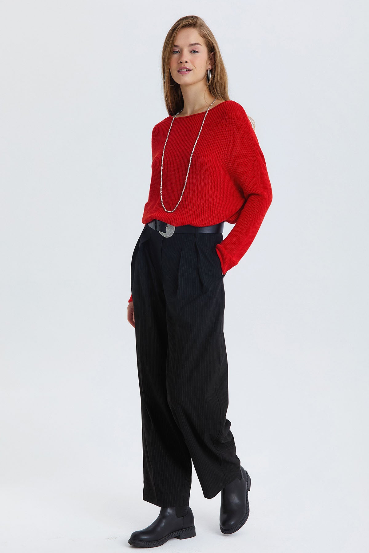 Çizgili Balon Form Kumaş Pantolon Siyah