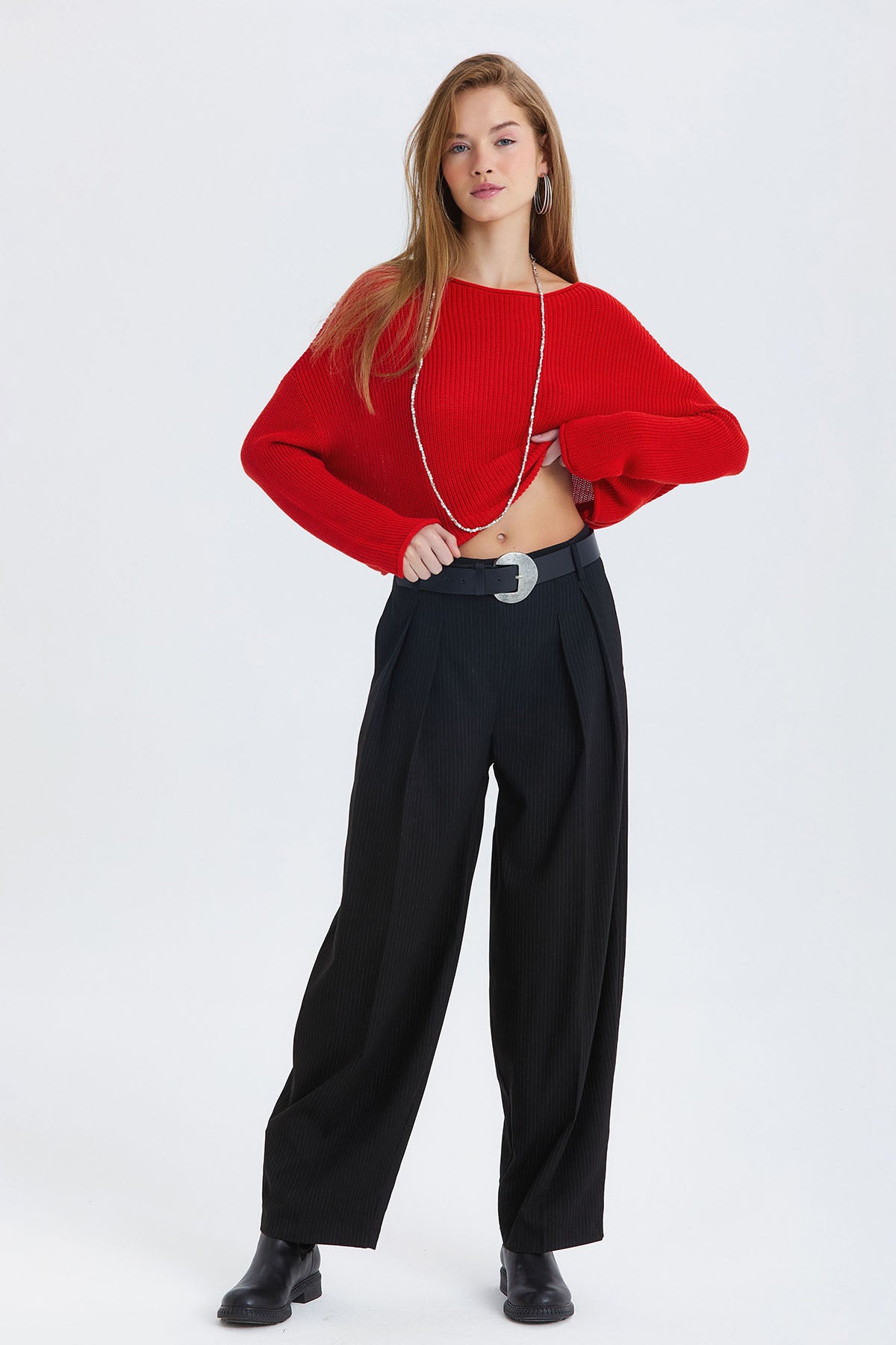 Çizgili Balon Form Kumaş Pantolon Siyah