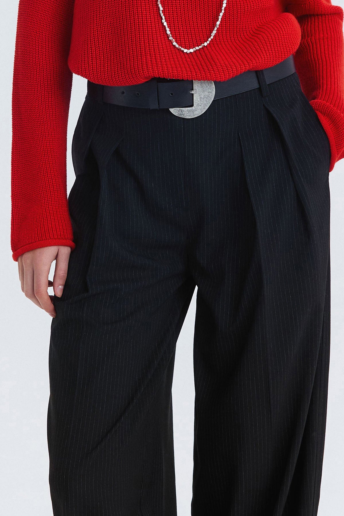 Çizgili Balon Form Kumaş Pantolon Siyah