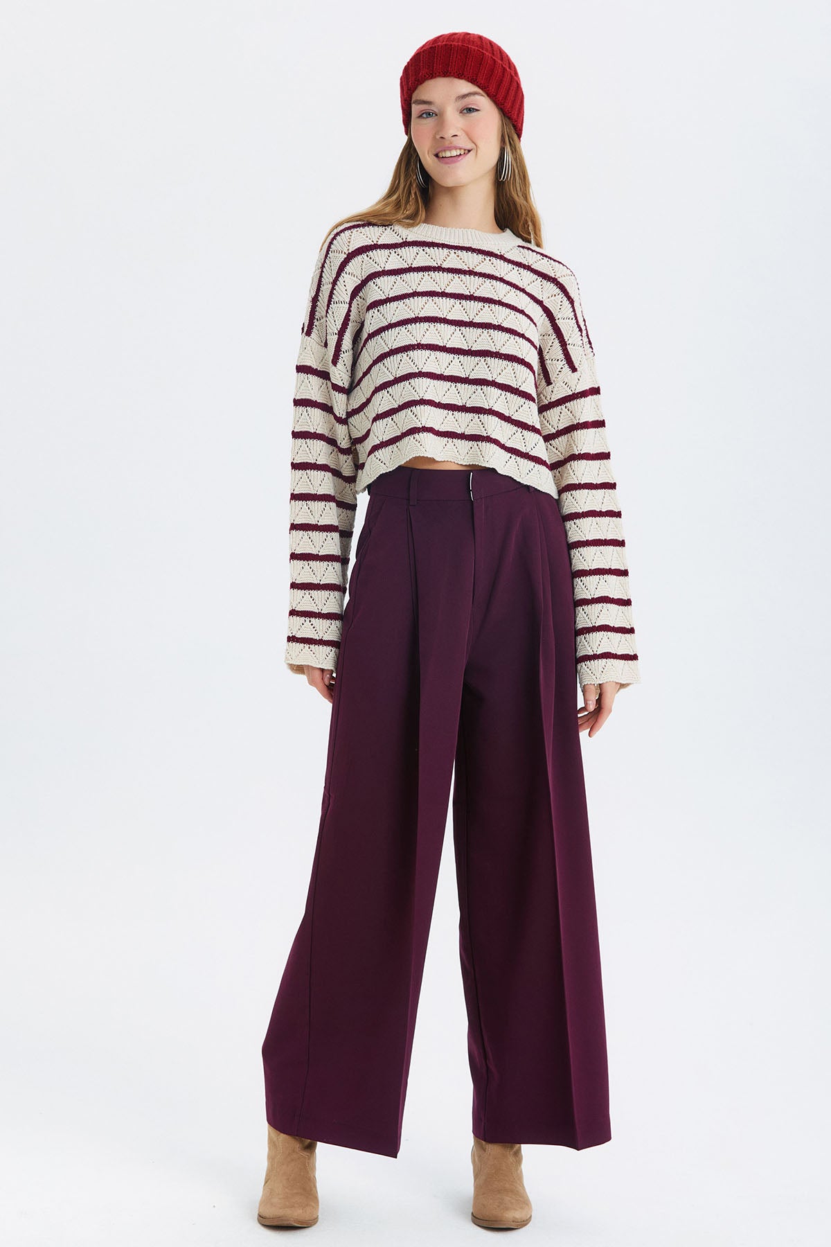 Salaş Bol Paça Kumaş Pantolon Mor