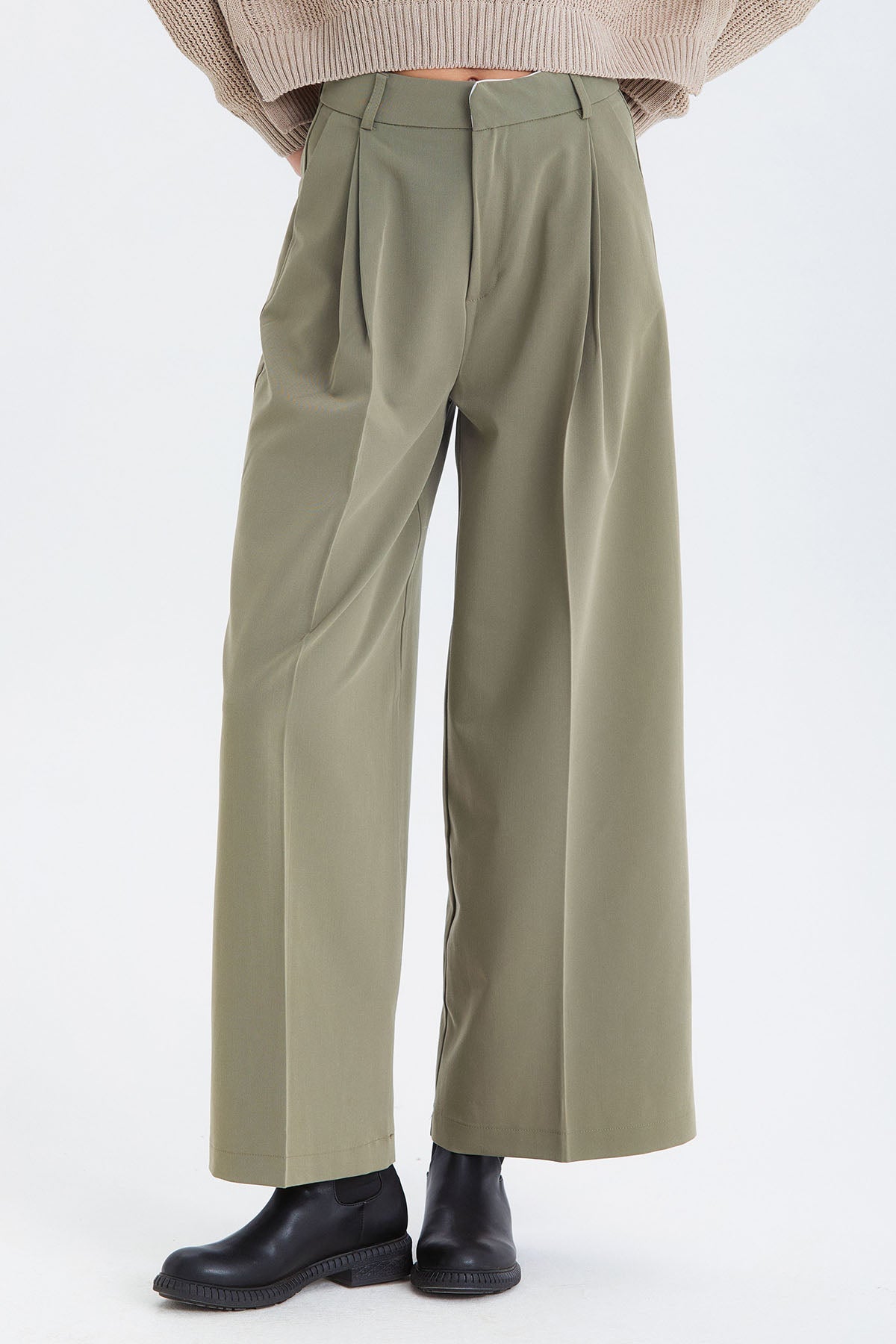 Salaş Bol Paça Kumaş Pantolon Çağla