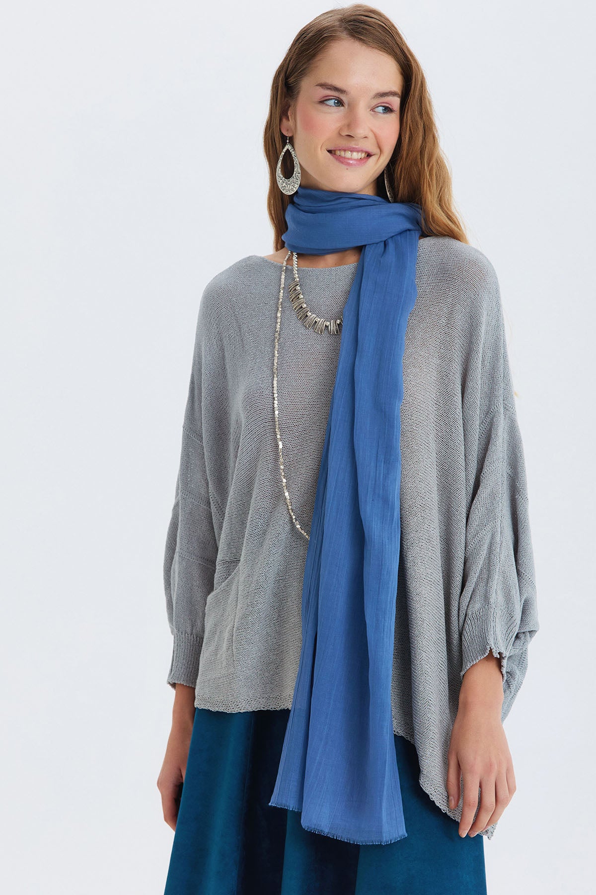 İnce Dökümlü Bambu Şal Mavi