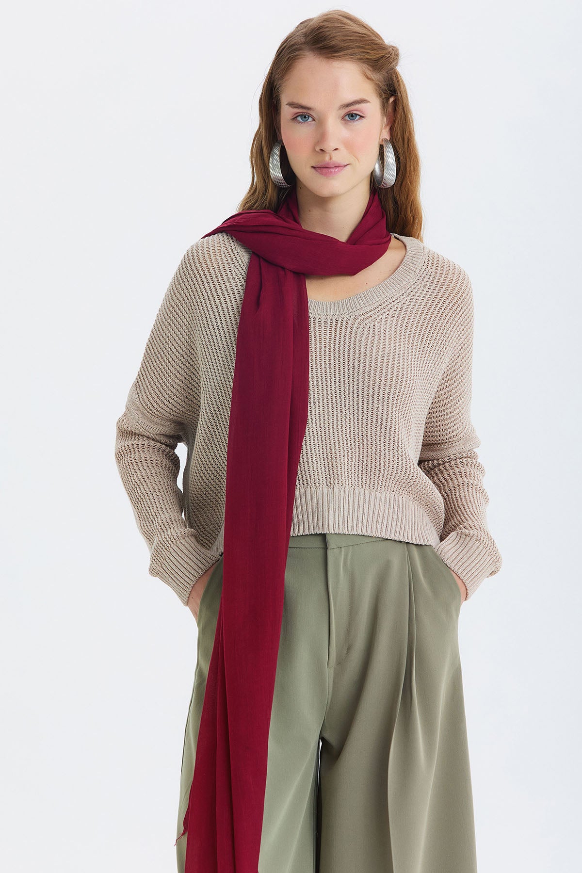 İnce Dökümlü Bambu Şal Bordo