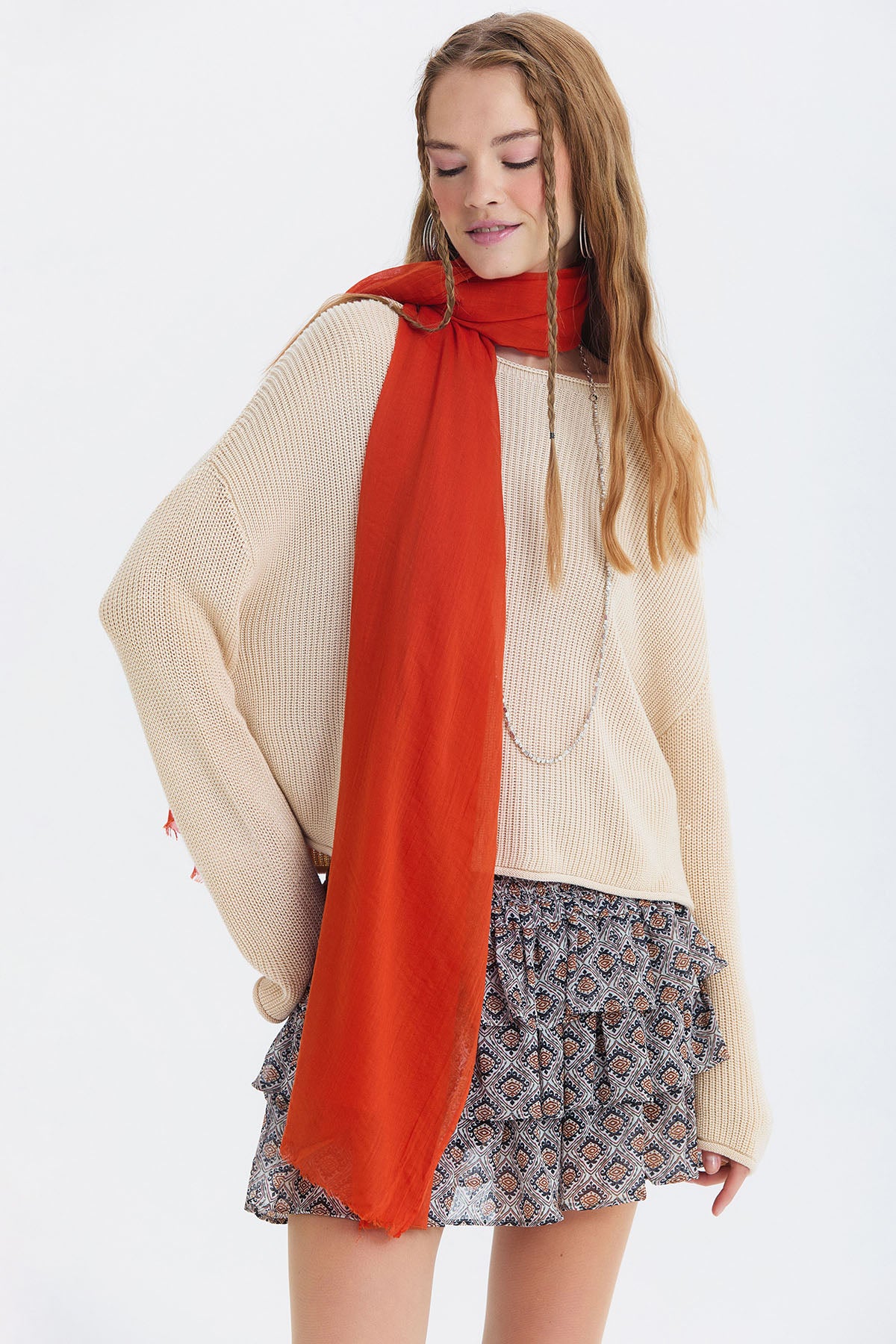 İnce Dökümlü Bambu Şal Turuncu