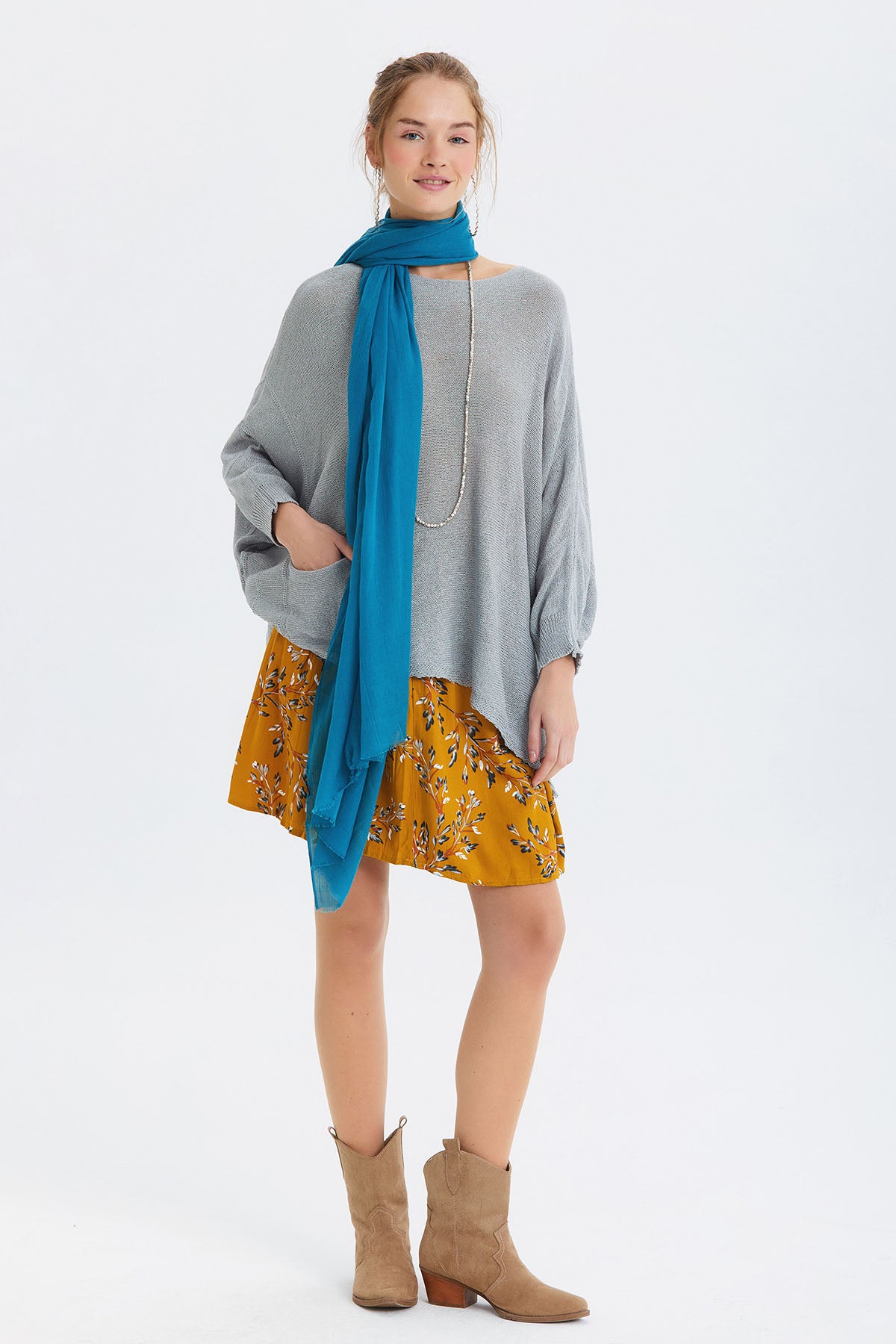 İnce Dökümlü Bambu Şal Turkuaz